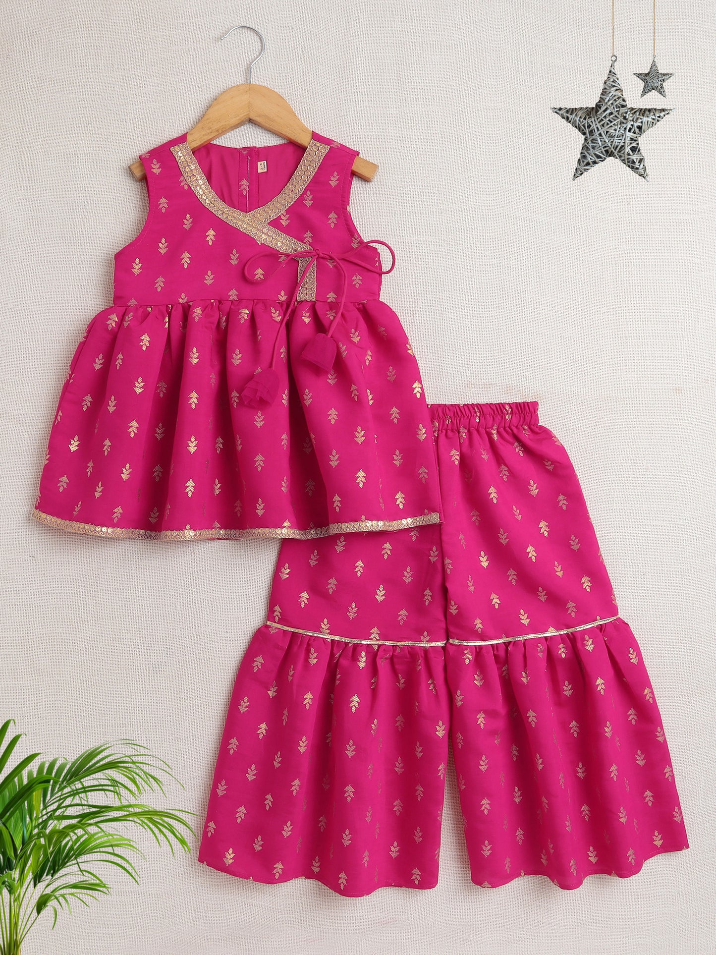 Bootie Printed Lace Embellished Sleeveless Kurti and Sharara Set For Girls-Fuchsia