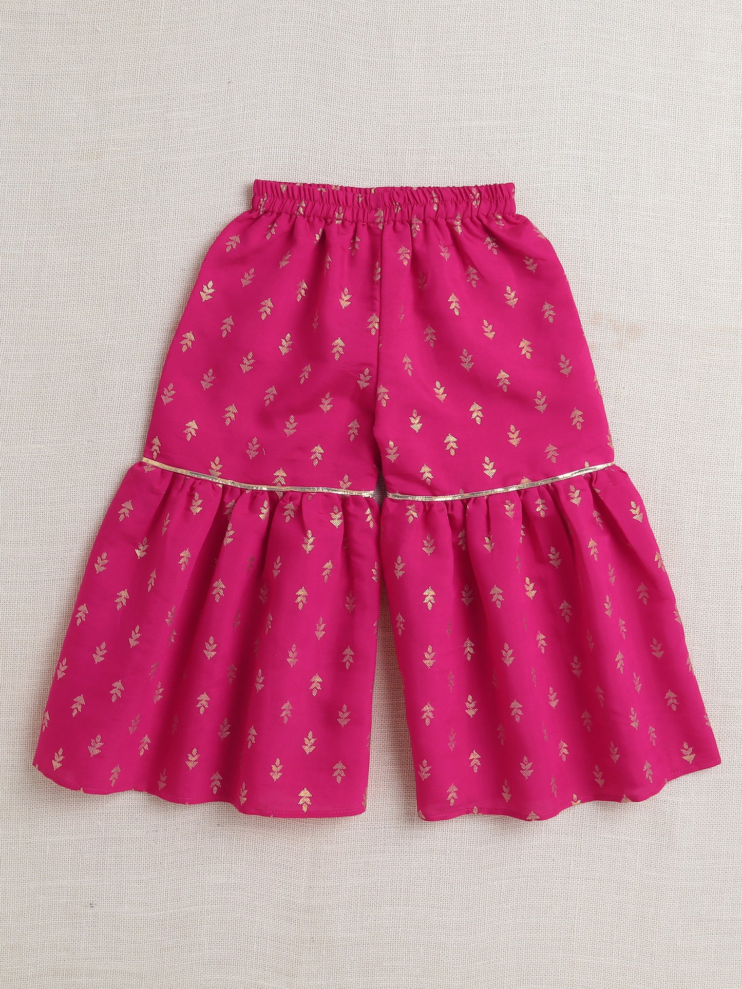 Bootie Printed Lace Embellished Sleeveless Kurti and Sharara Set For Girls-Fuchsia