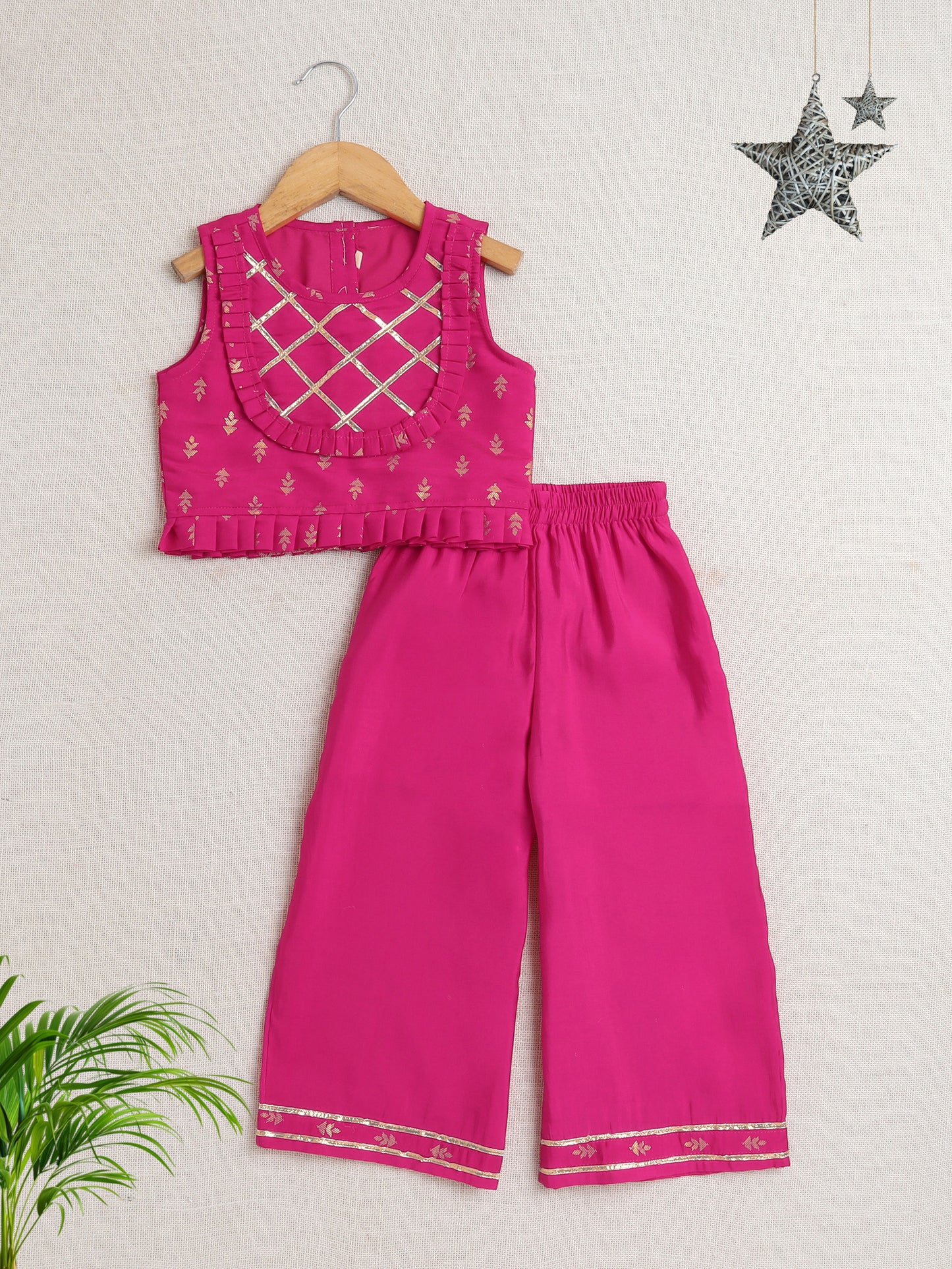 Bootie Printed Lace Embelished Top and Pant Set For Girls Fuchsia