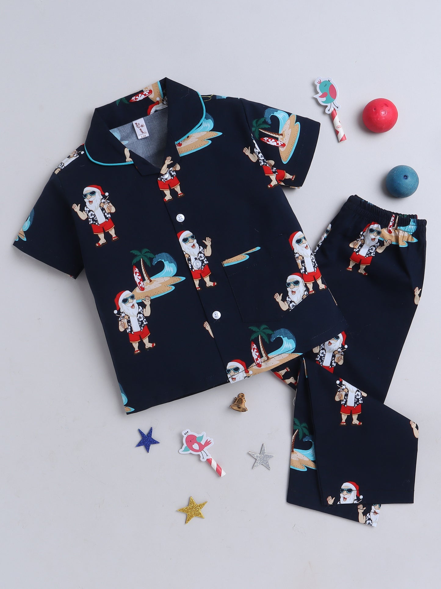 Half Sleeves Santa Print Nightsuits-Navy Blue