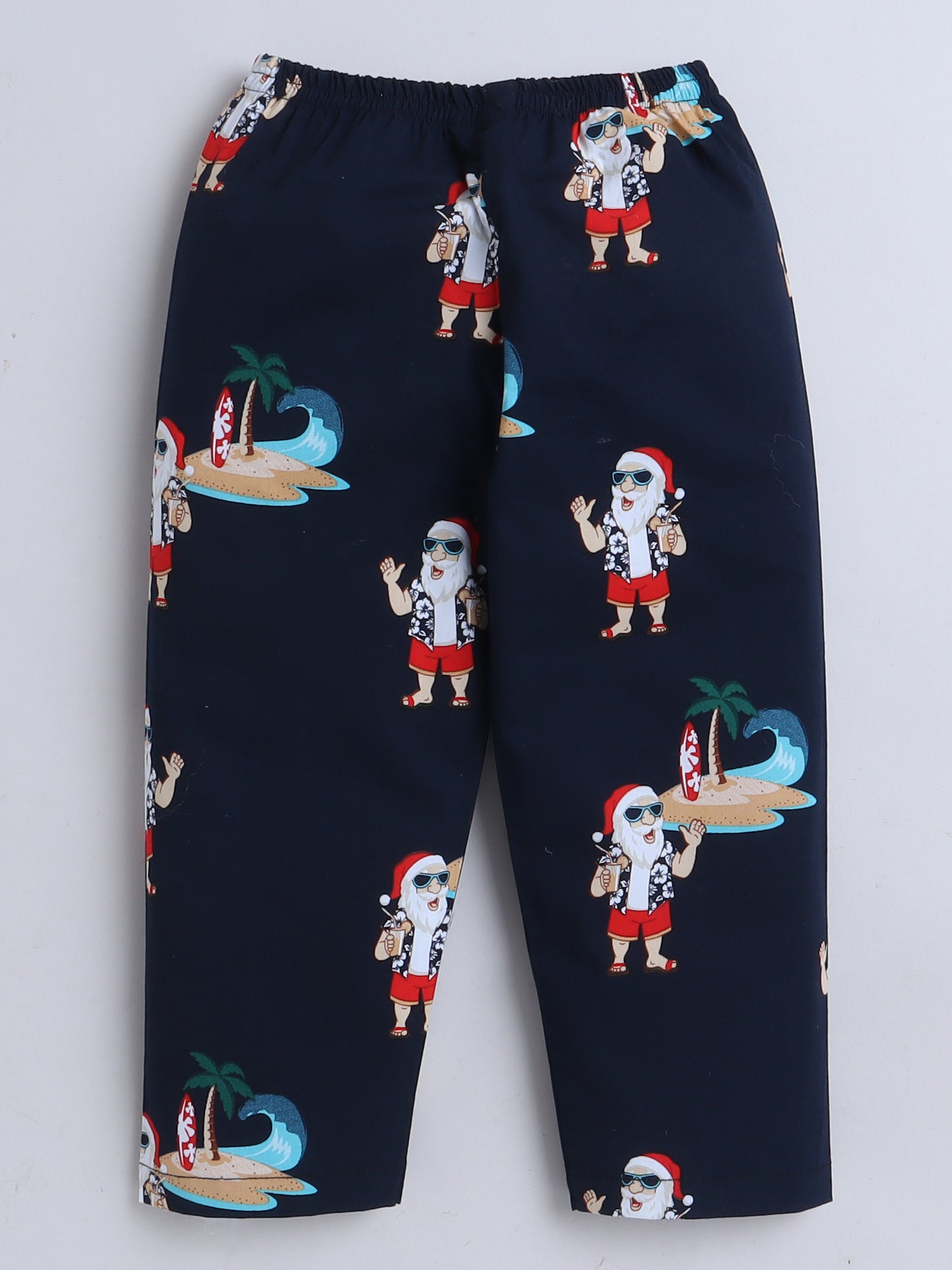 Half Sleeves Santa Print Nightsuits-Navy Blue