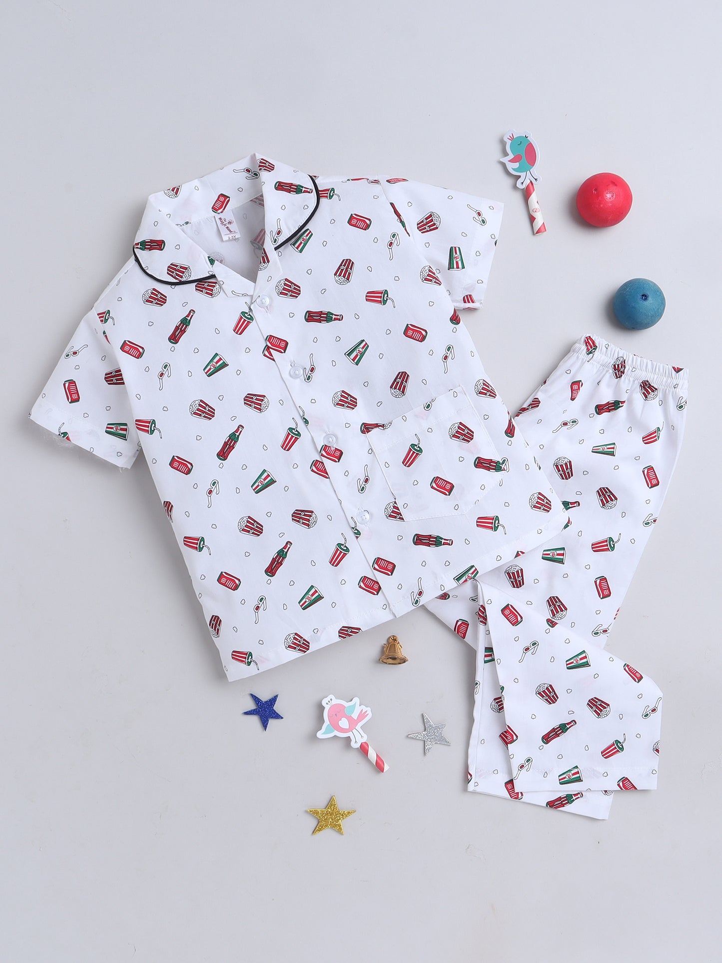 Half Sleeves Candy Print Nightsuits-White