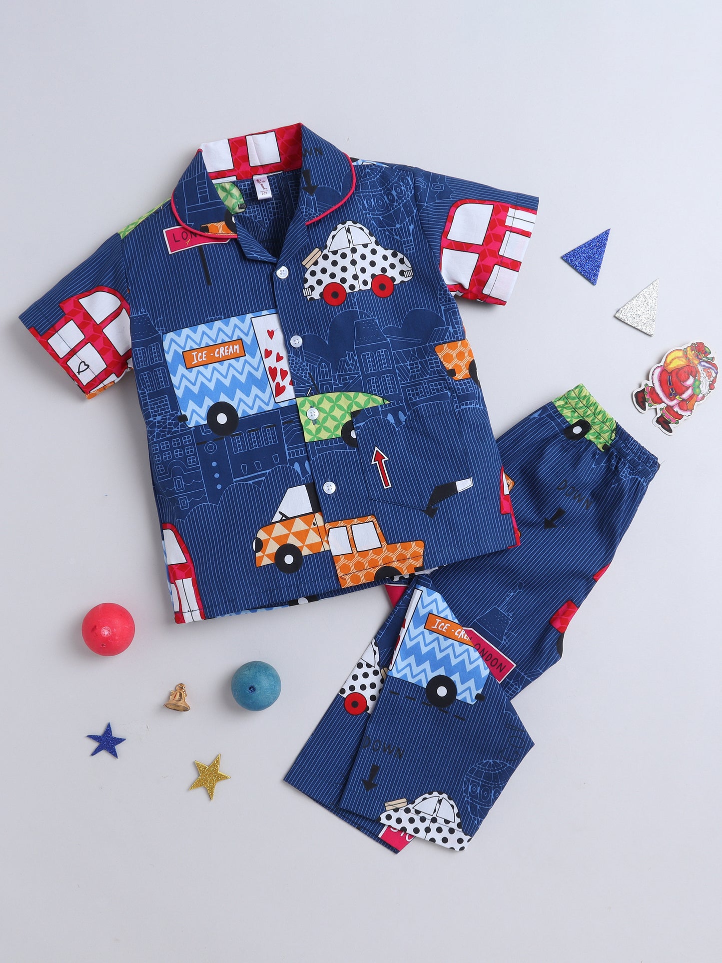 Half Sleeves Car Print Nightsuits-Blue