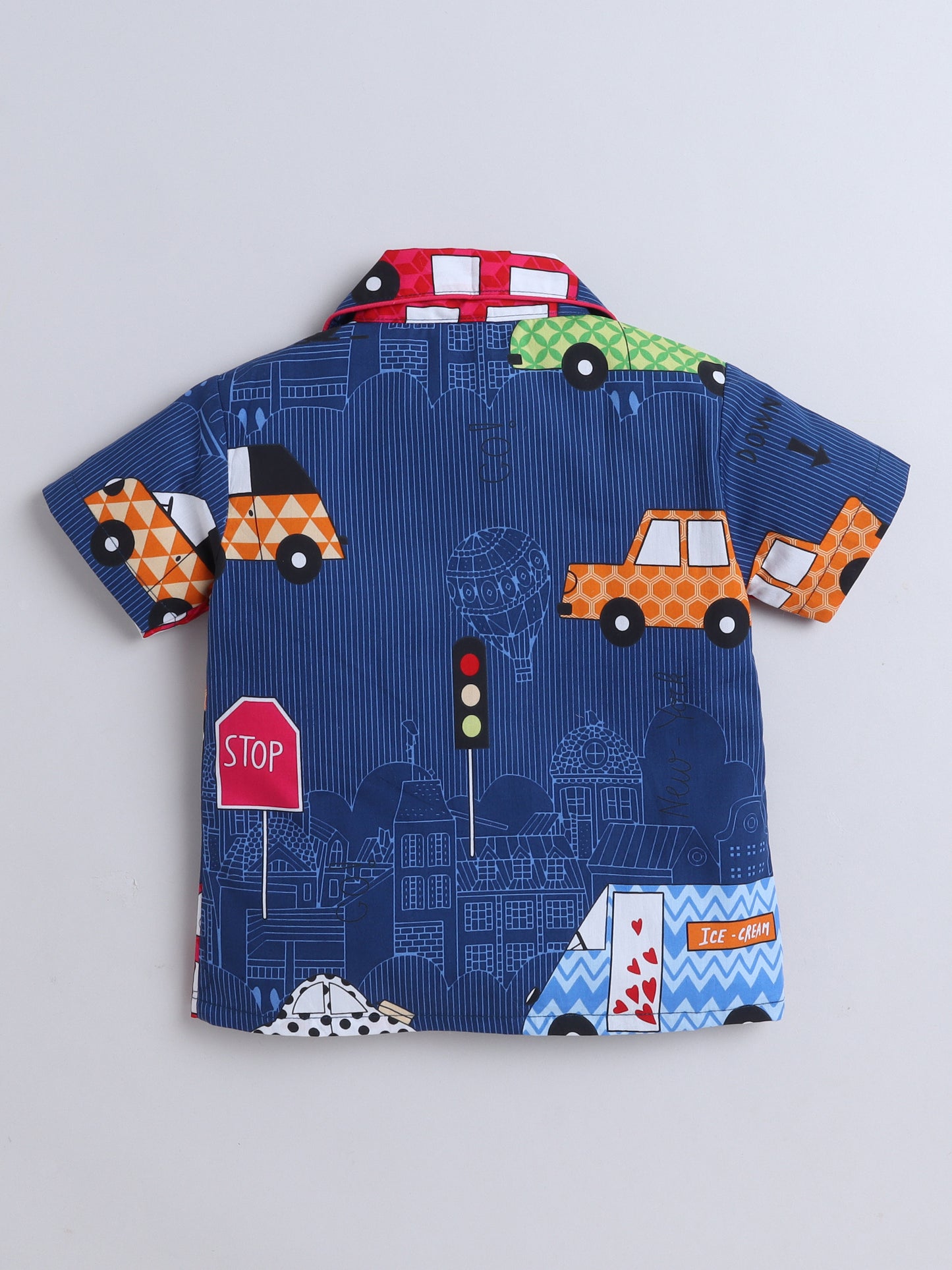 Half Sleeves Car Print Nightsuits-Blue