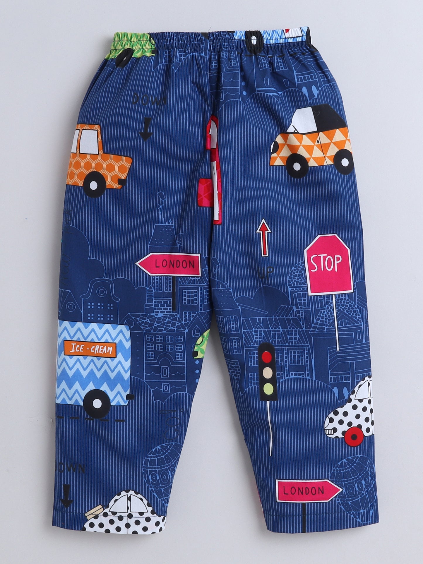 Half Sleeves Car Print Nightsuits-Blue