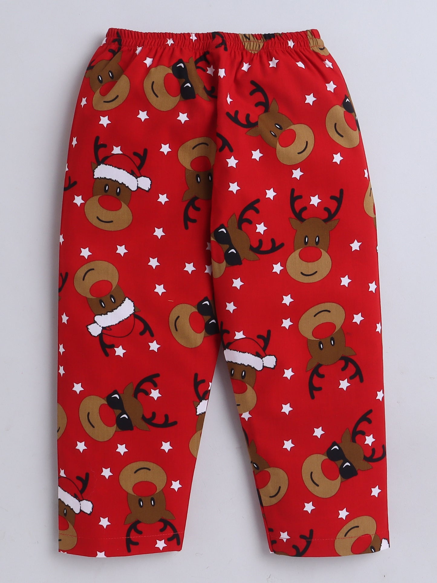 Full Sleeves Reindeer Print Nightsuits-Red