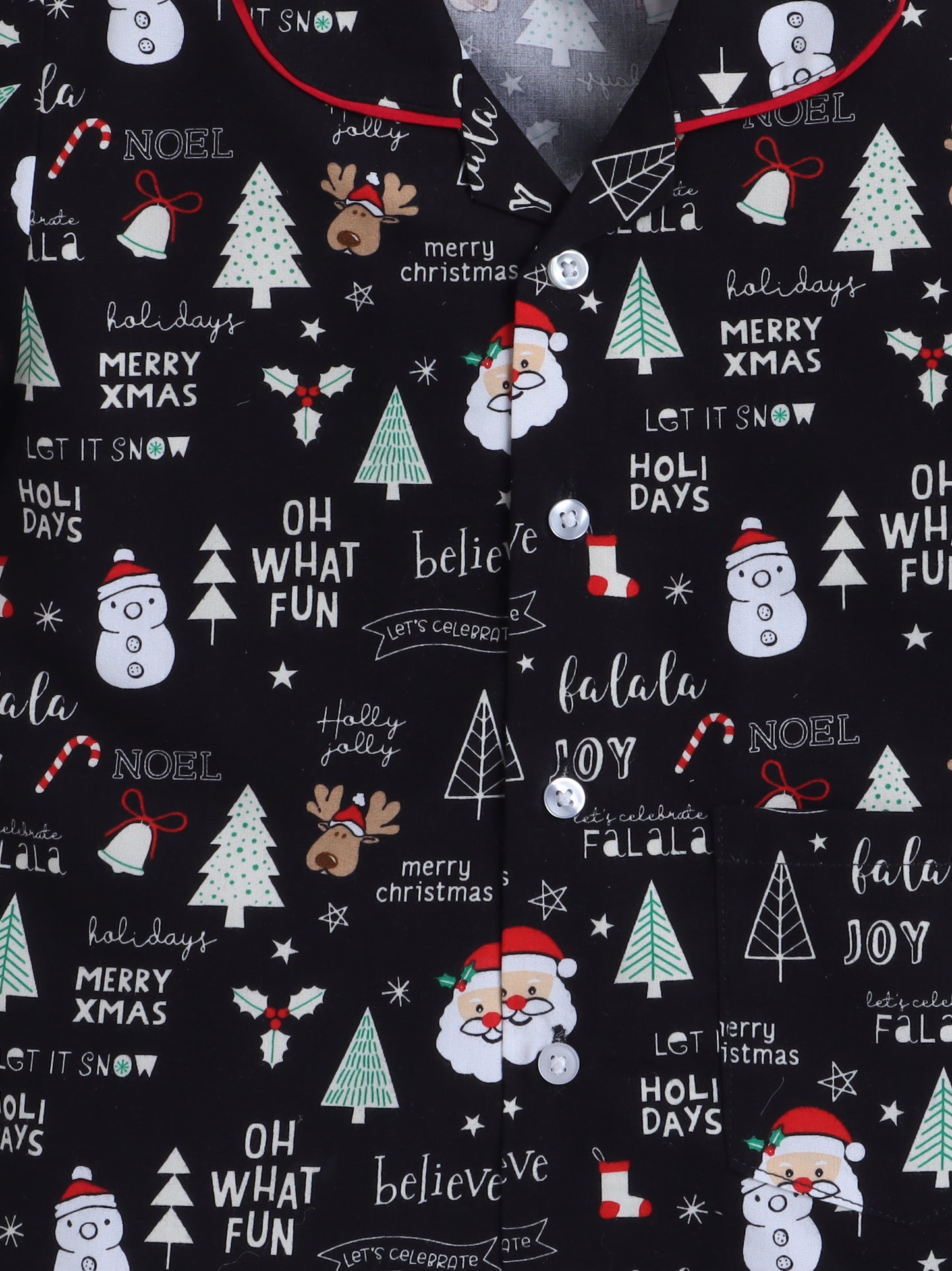 Full Sleeves Xmas Print Nightsuits Black