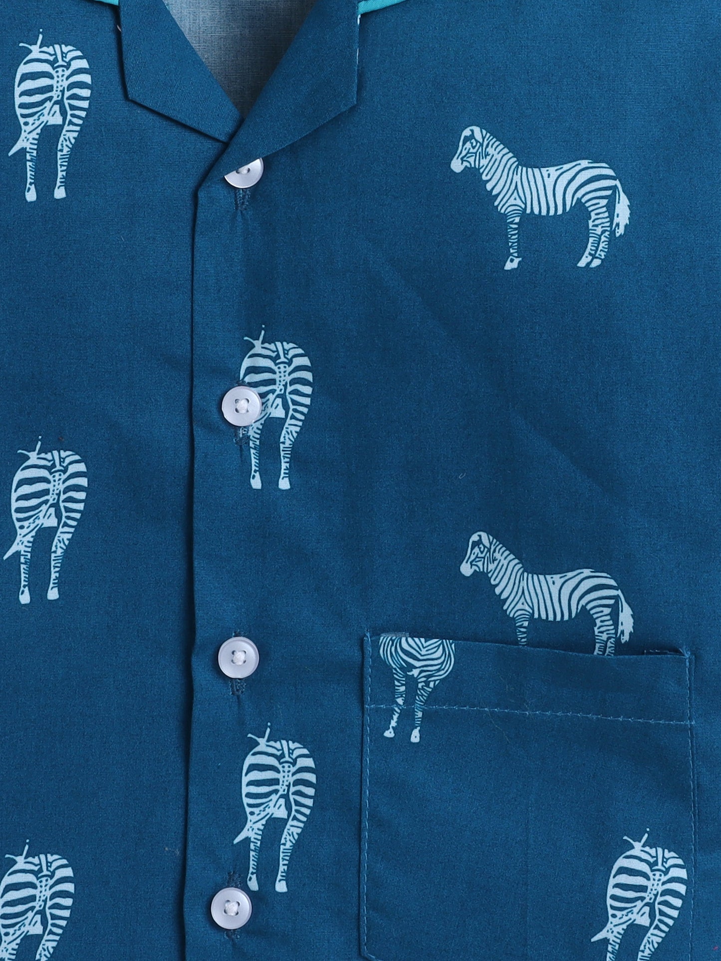 Full Sleeves Horse Print Nightsuits-Teal Blue