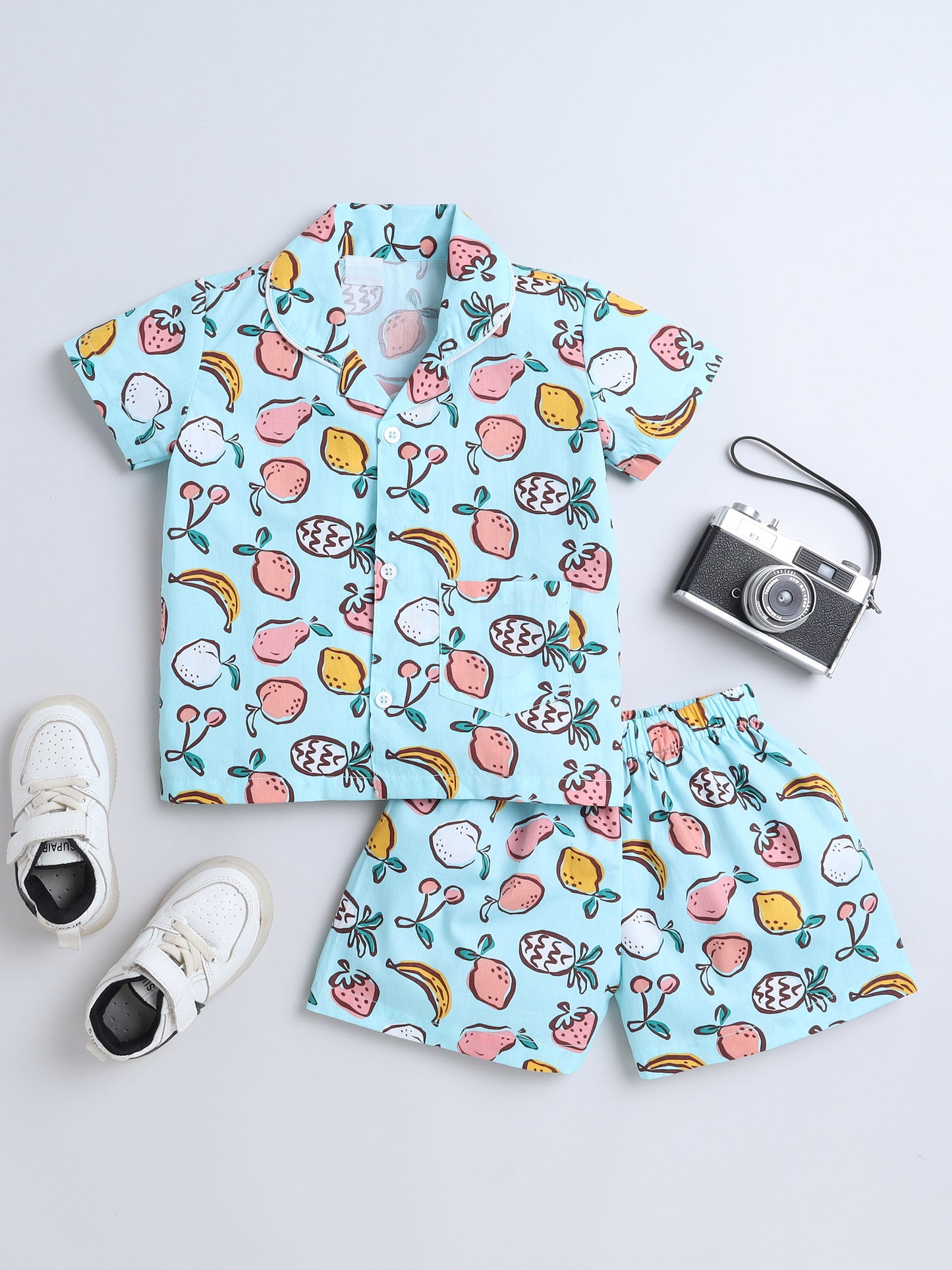 Fruits Printed Half Sleeves Top and Shorts Set Night Suit Set For Kids Blue