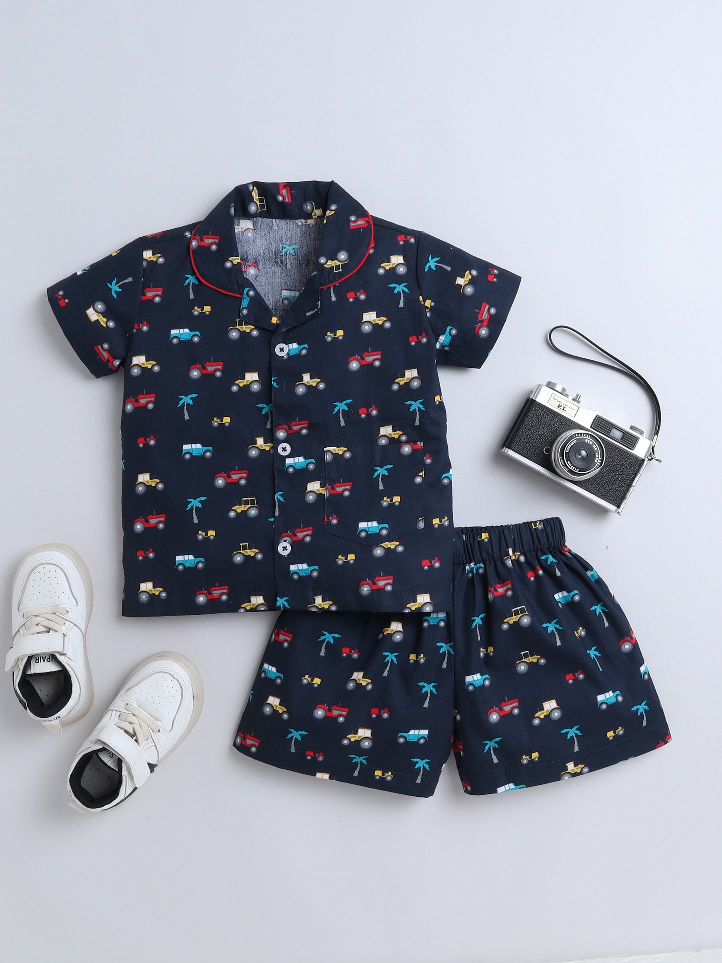 Vehicle Printed Half Sleeves Top and Shorts Set Night Suit Set For Kids Navy