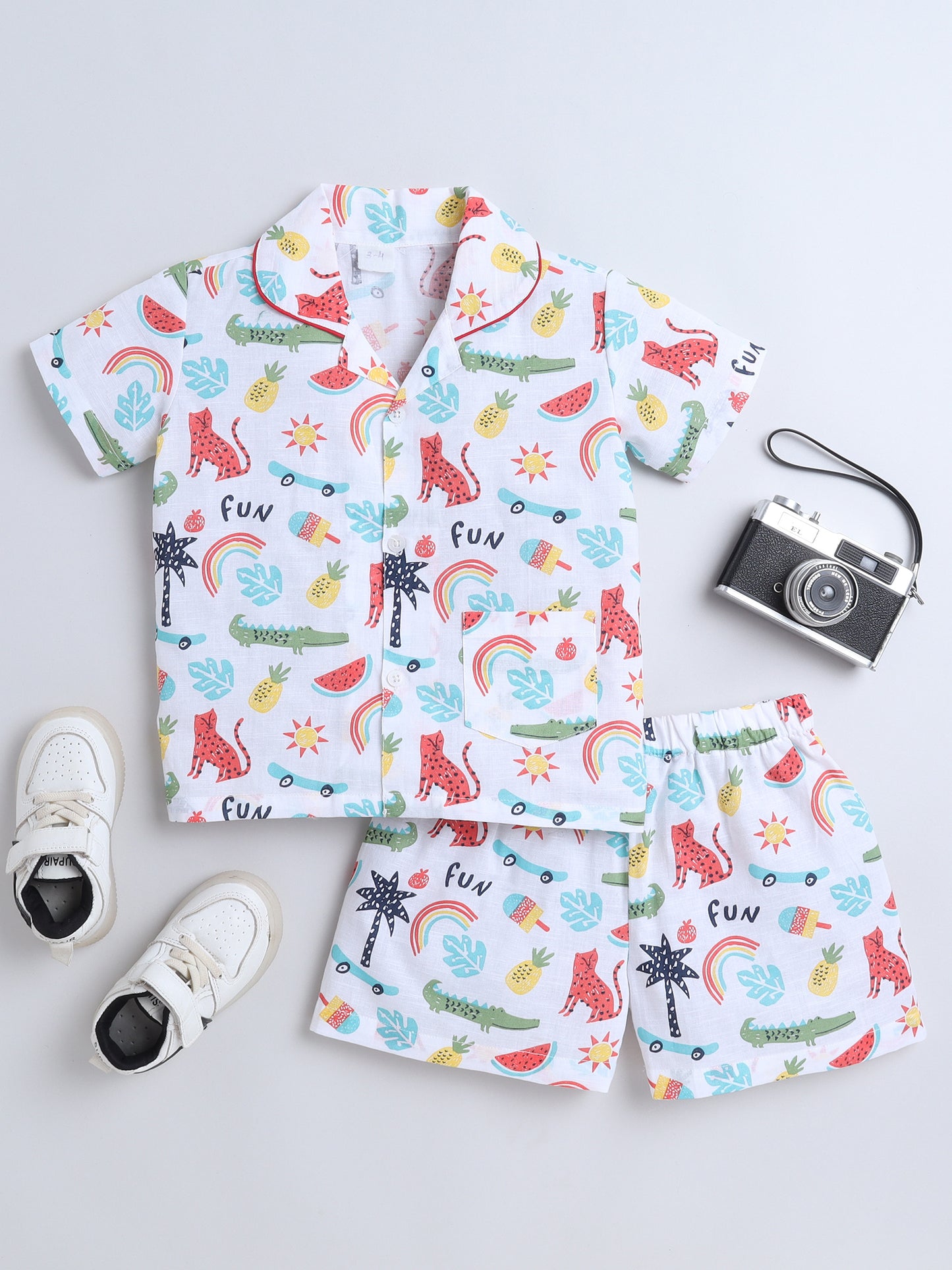 Animal Printed Half Sleeves Top and Shorts Set Night Suit Set For Kids White