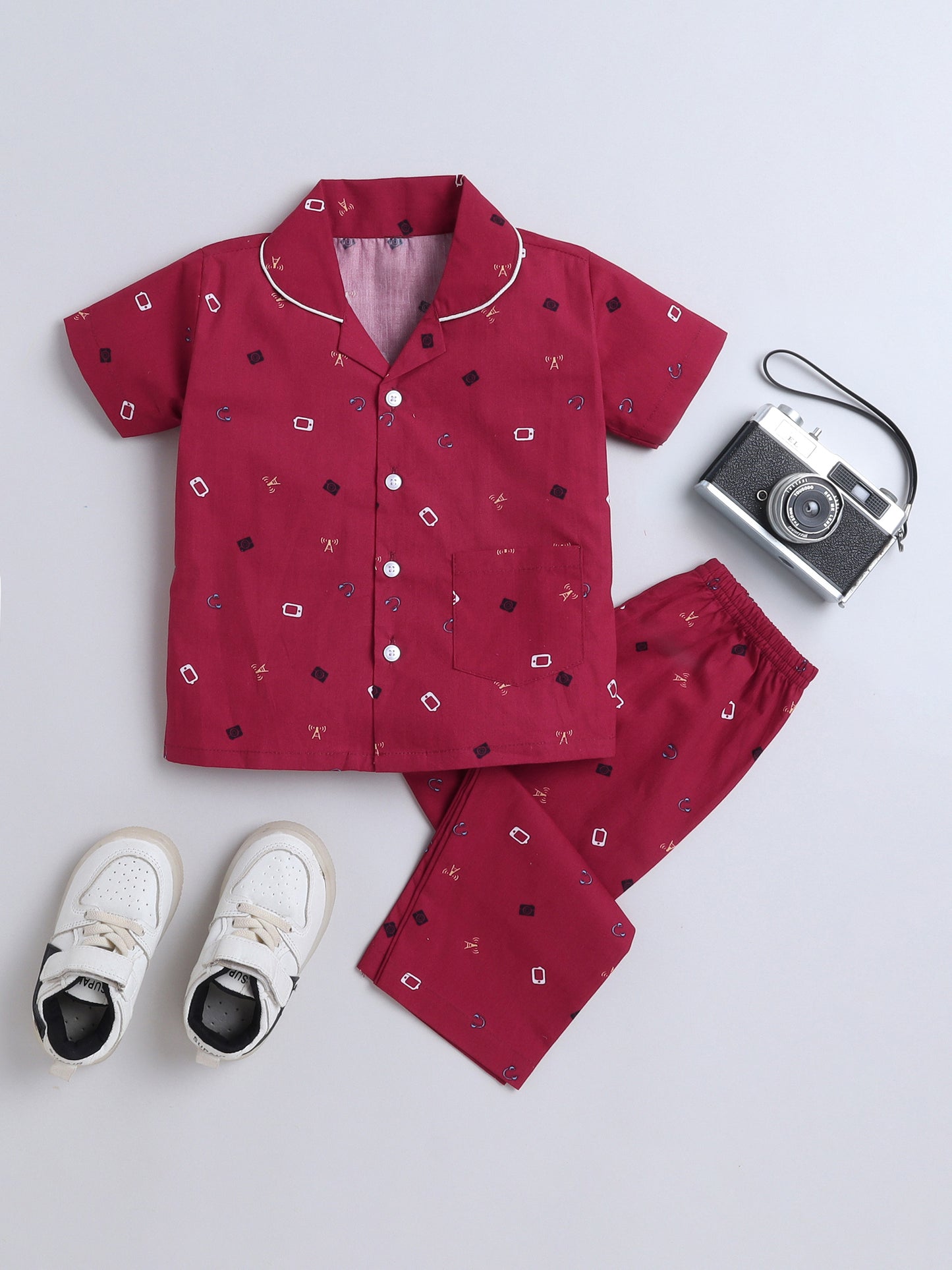 Half Sleeves Notched lapel Printed Night Suit Set Red