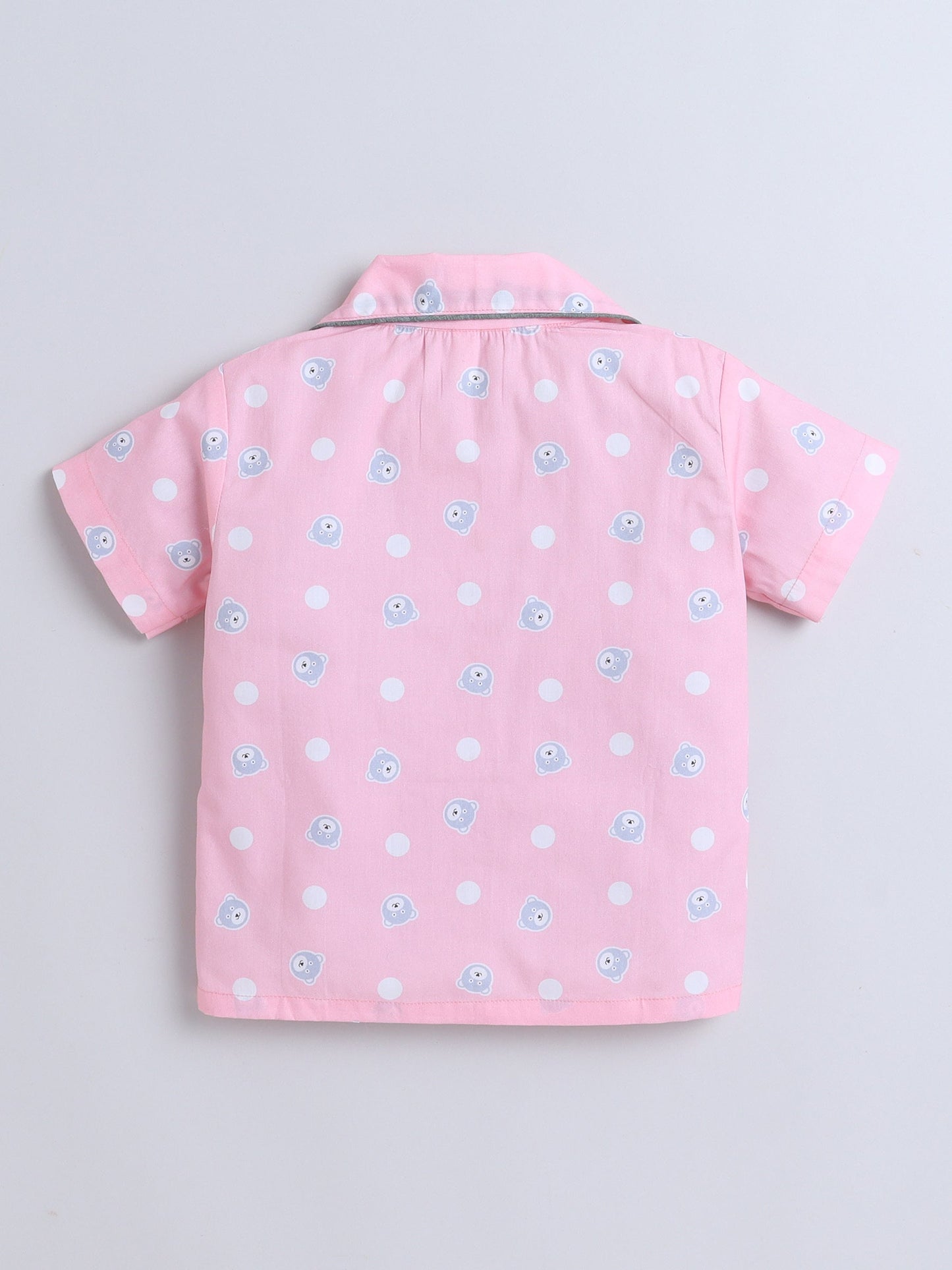Cotton Woven Half Sleeves Bear & Polka Dots Printed Coordinating Night Suit Set - Pink