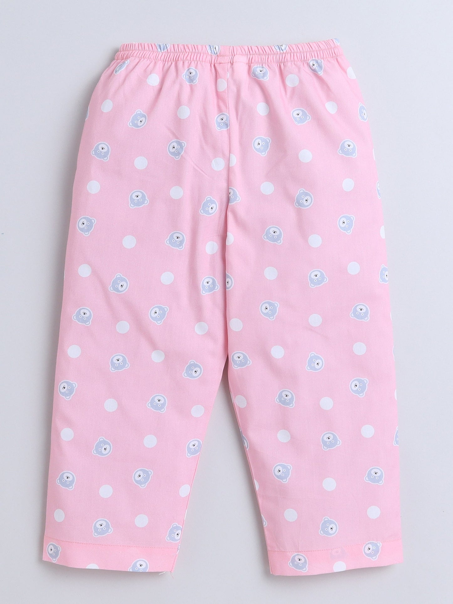Cotton Woven Half Sleeves Bear & Polka Dots Printed Coordinating Night Suit Set - Pink