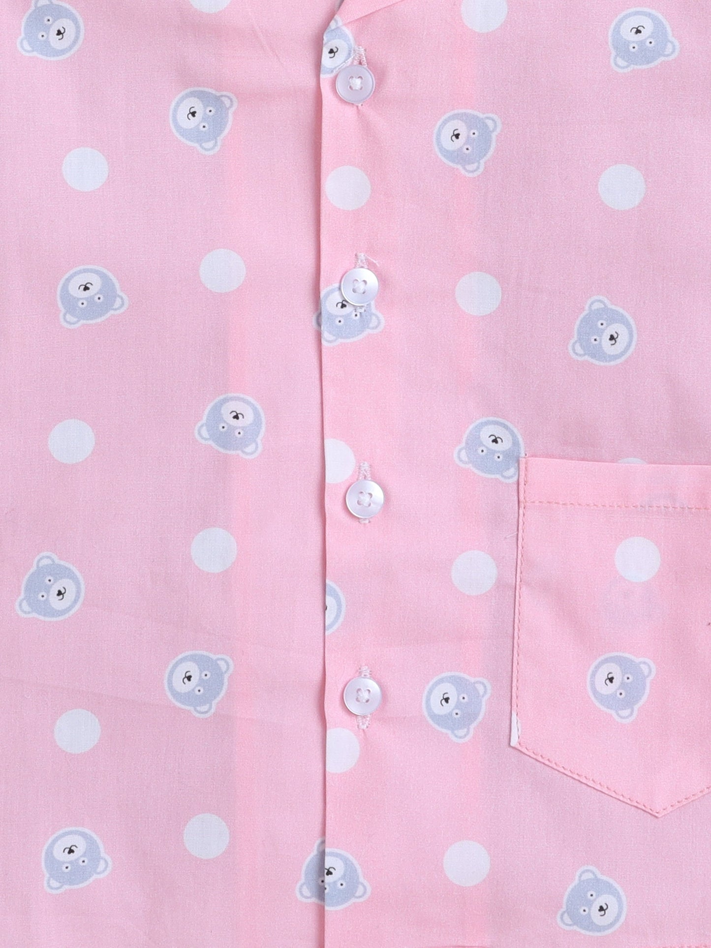 Cotton Woven Half Sleeves Bear & Polka Dots Printed Coordinating Night Suit Set - Pink