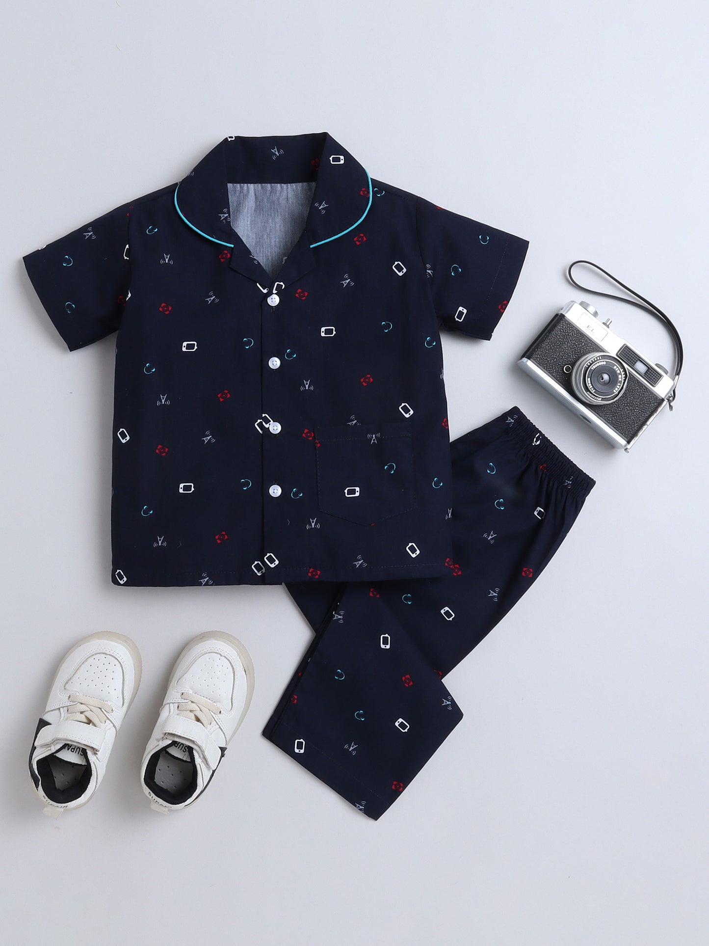 Half Sleeves Cubic Printed Night Suit Set Navy Blue