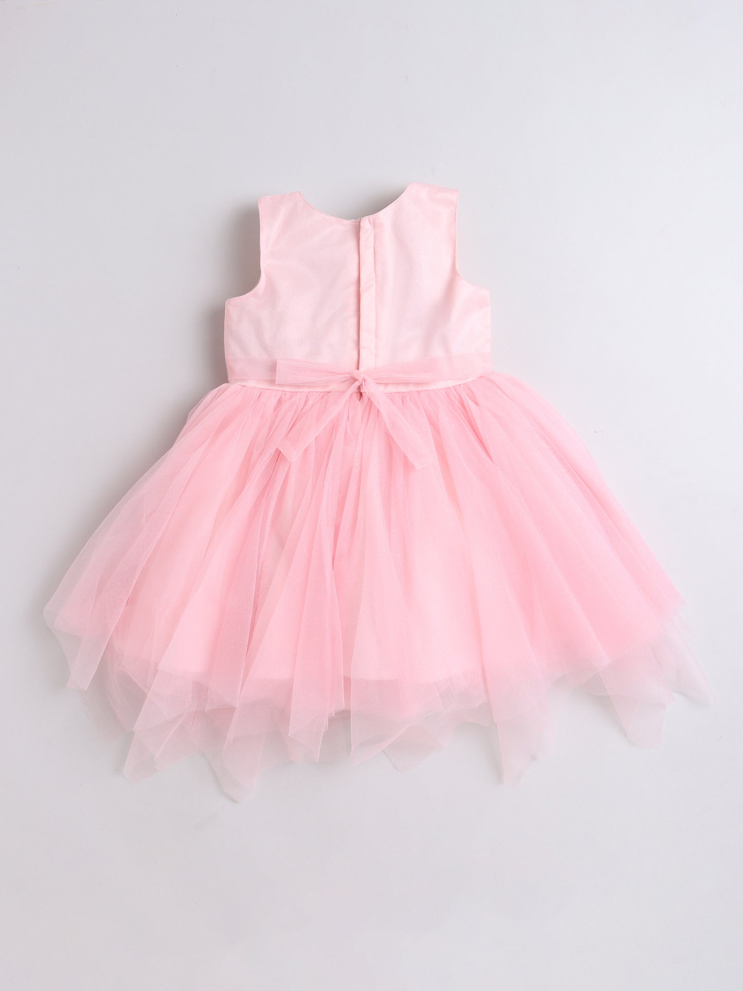 Sleeveless Floral Embroidered & Corsage Layered Net Party Dress - Pink