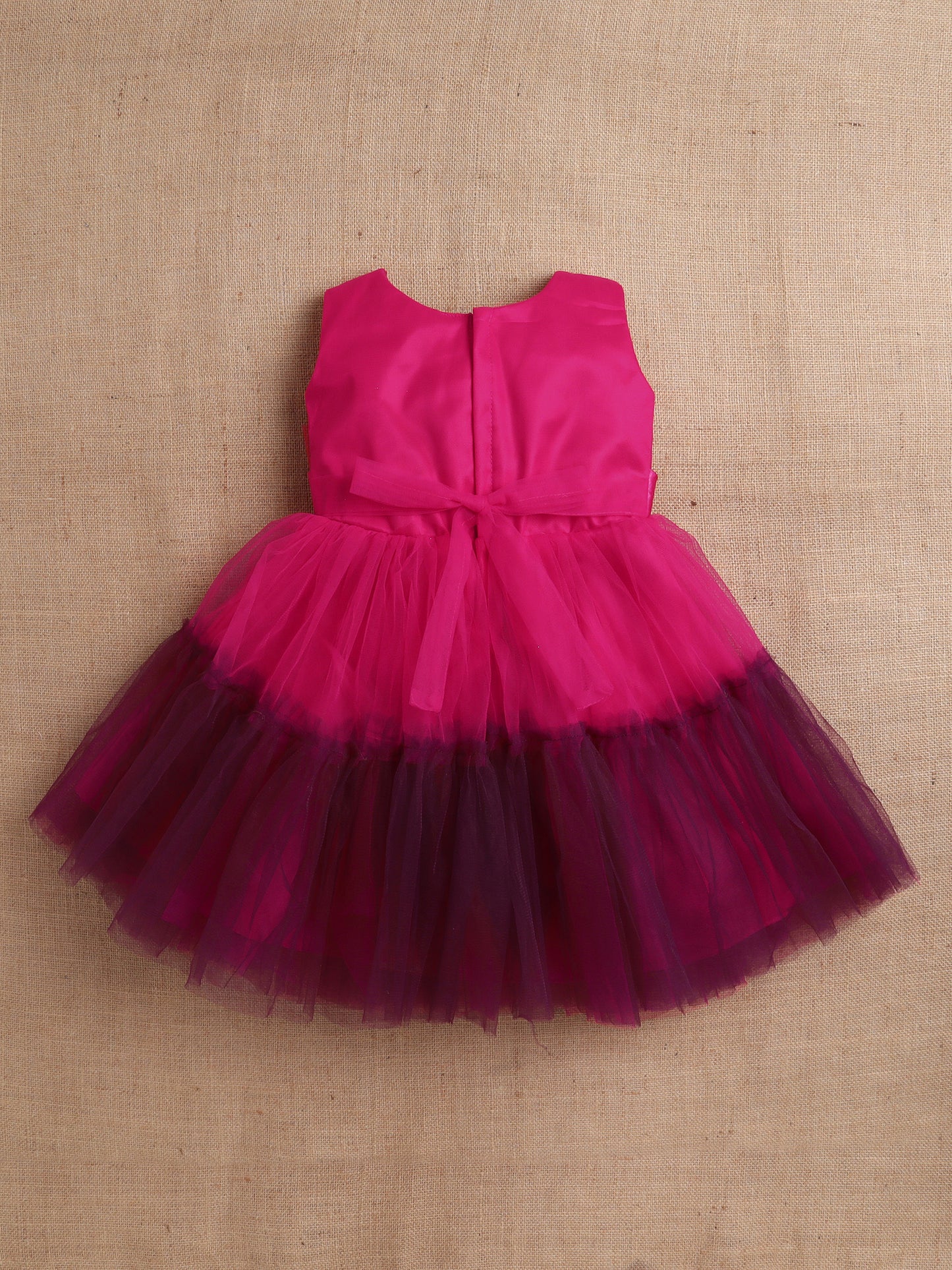 Sleeveless Net Bouquet Yoke Frill Bottom Dress For Girls Fuchsia