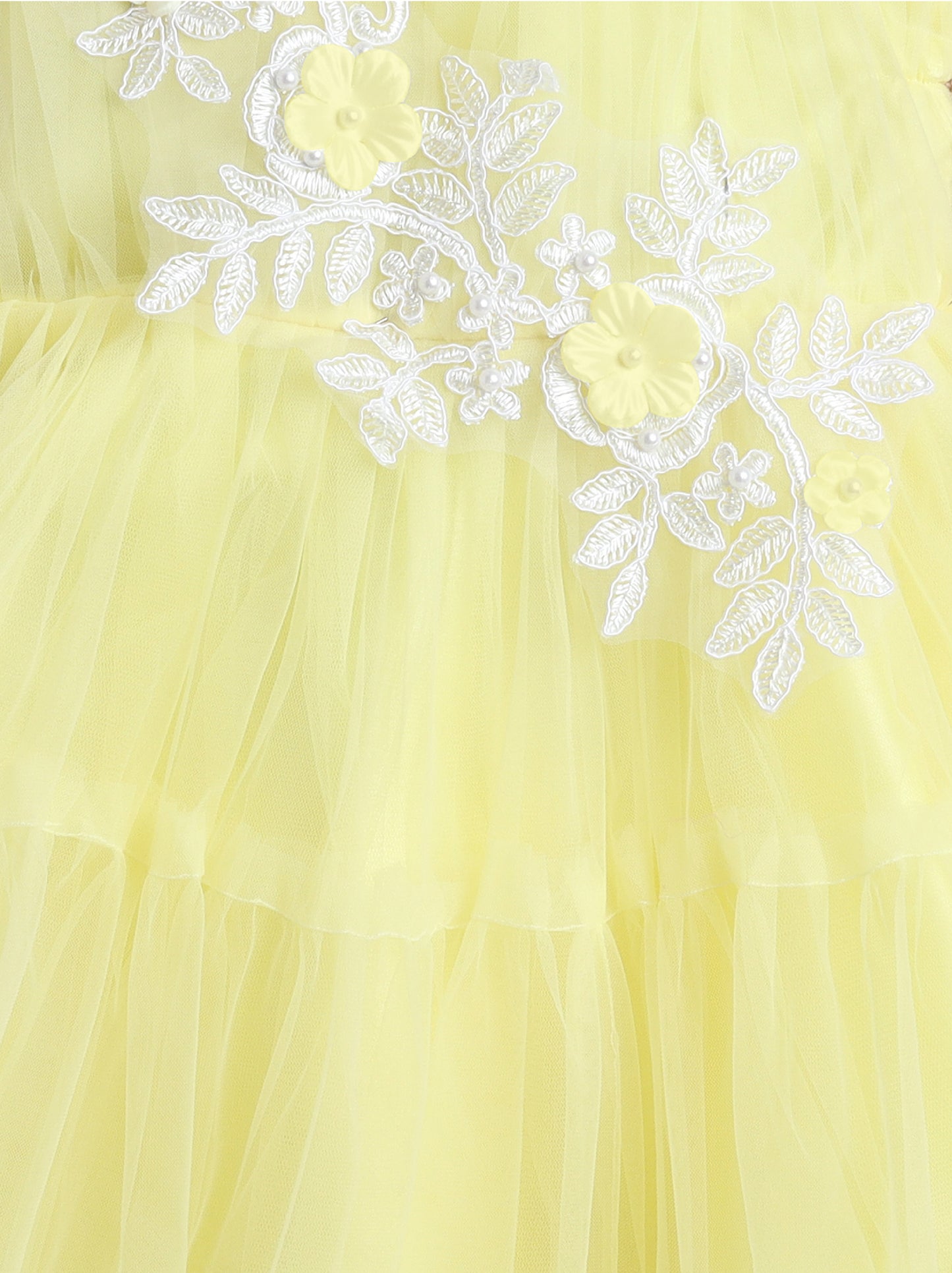 Sleeveless Net Flower Embroidered Patch Dress Dress For Girls Yellow