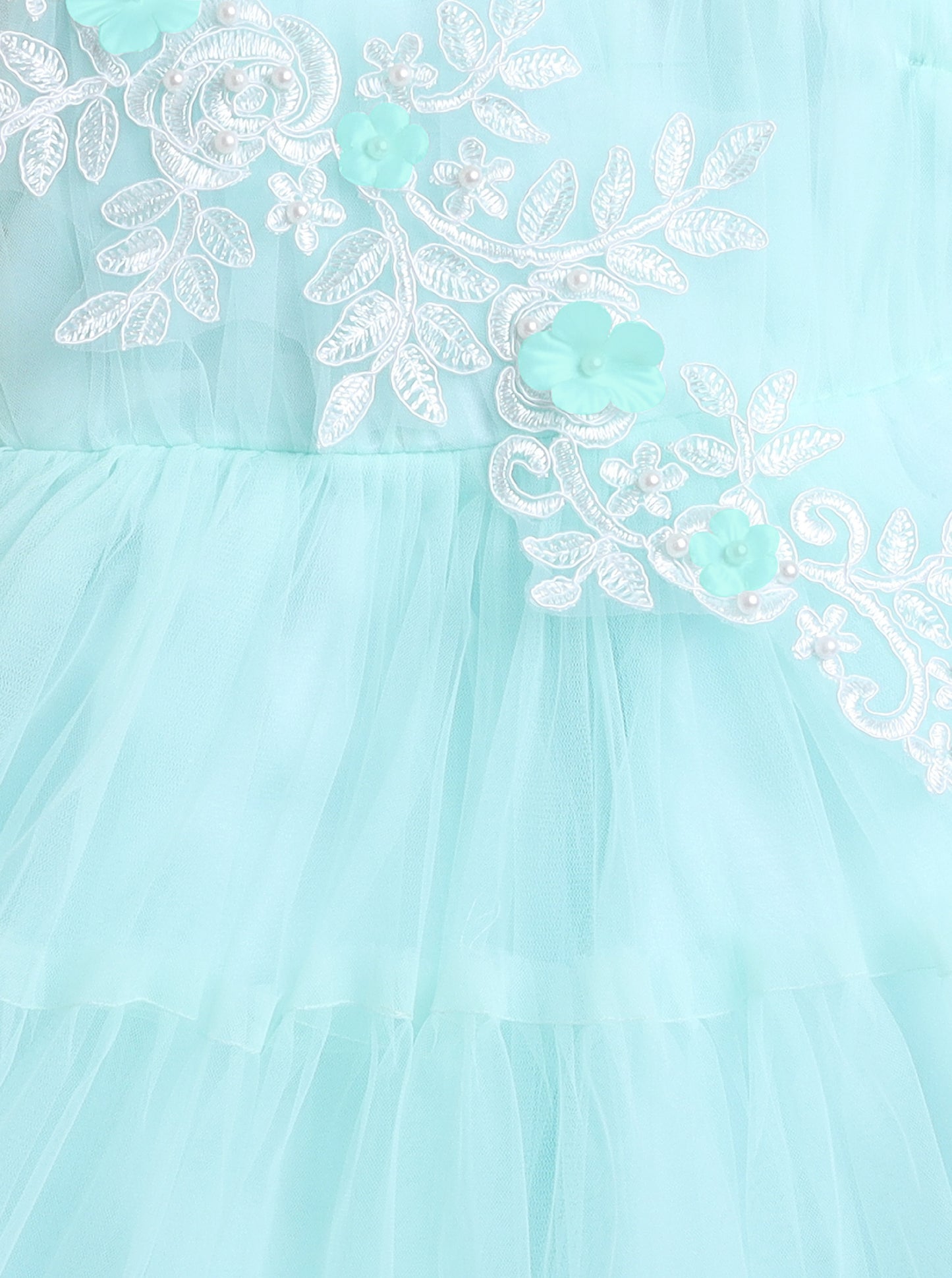 Sleeveless Net Flower Embroidered Patch Dress Dress For Girls - Blue
