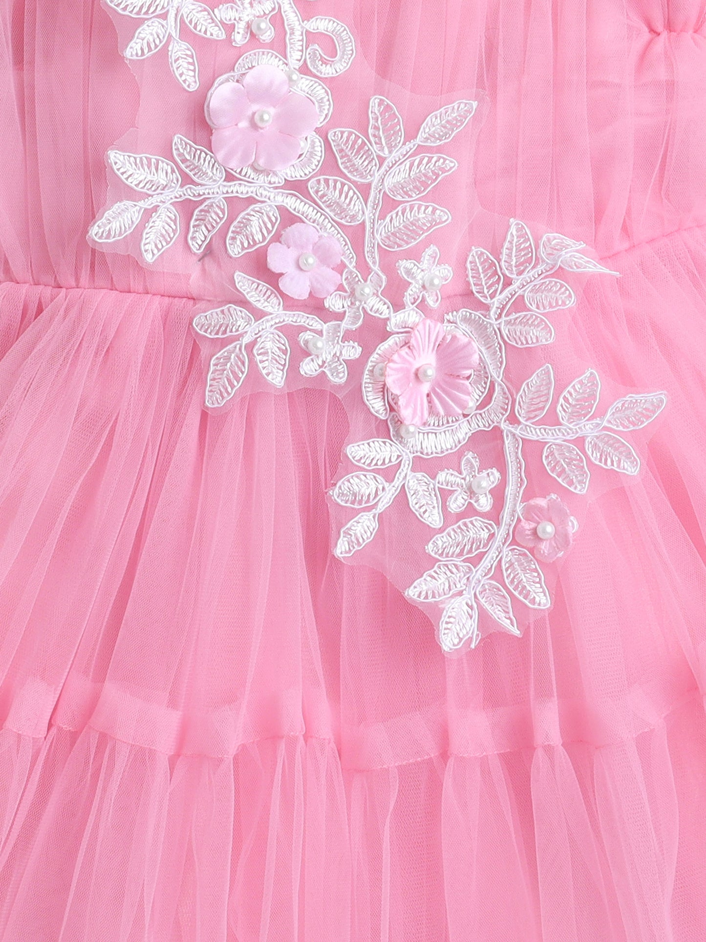 Sleeveless Net Flower Embroidered Patch Dress Dress For Girls- Pink
