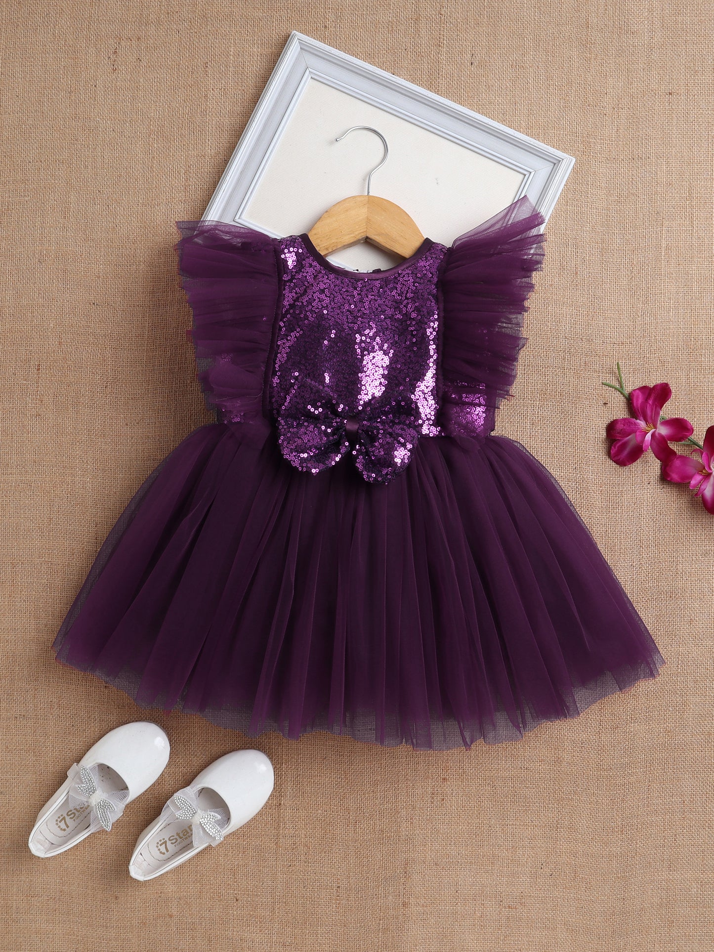 Sleeveless Sequins Bow Embellished Dress For Girls - Wine