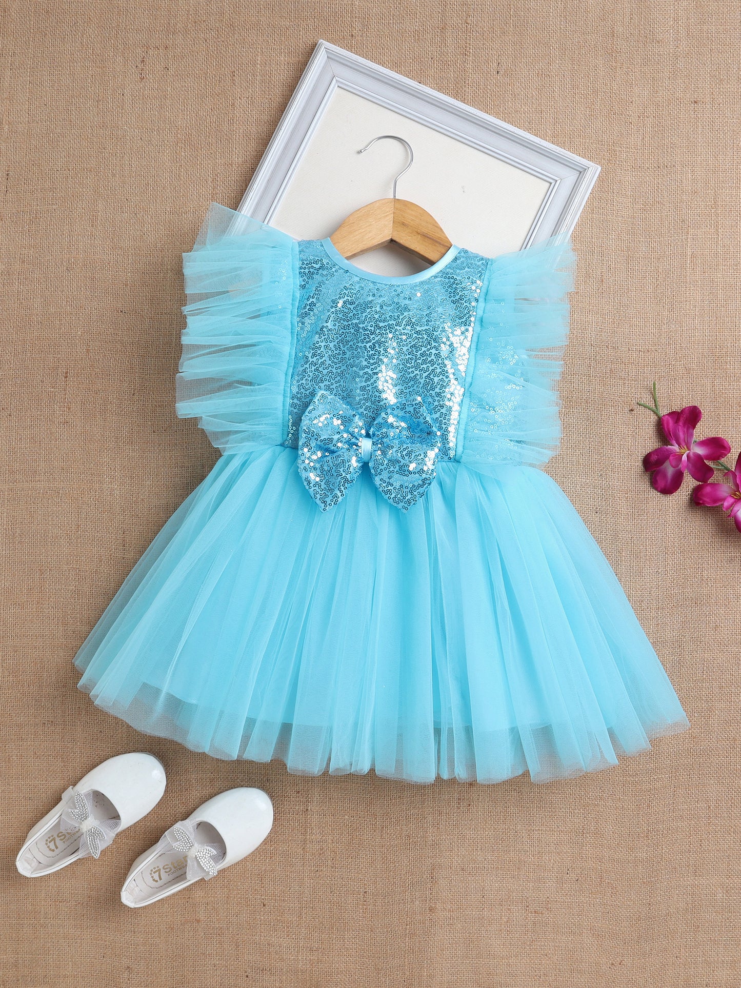 Sleeveless Sequins Bow Embelished Dress For Girls Blue