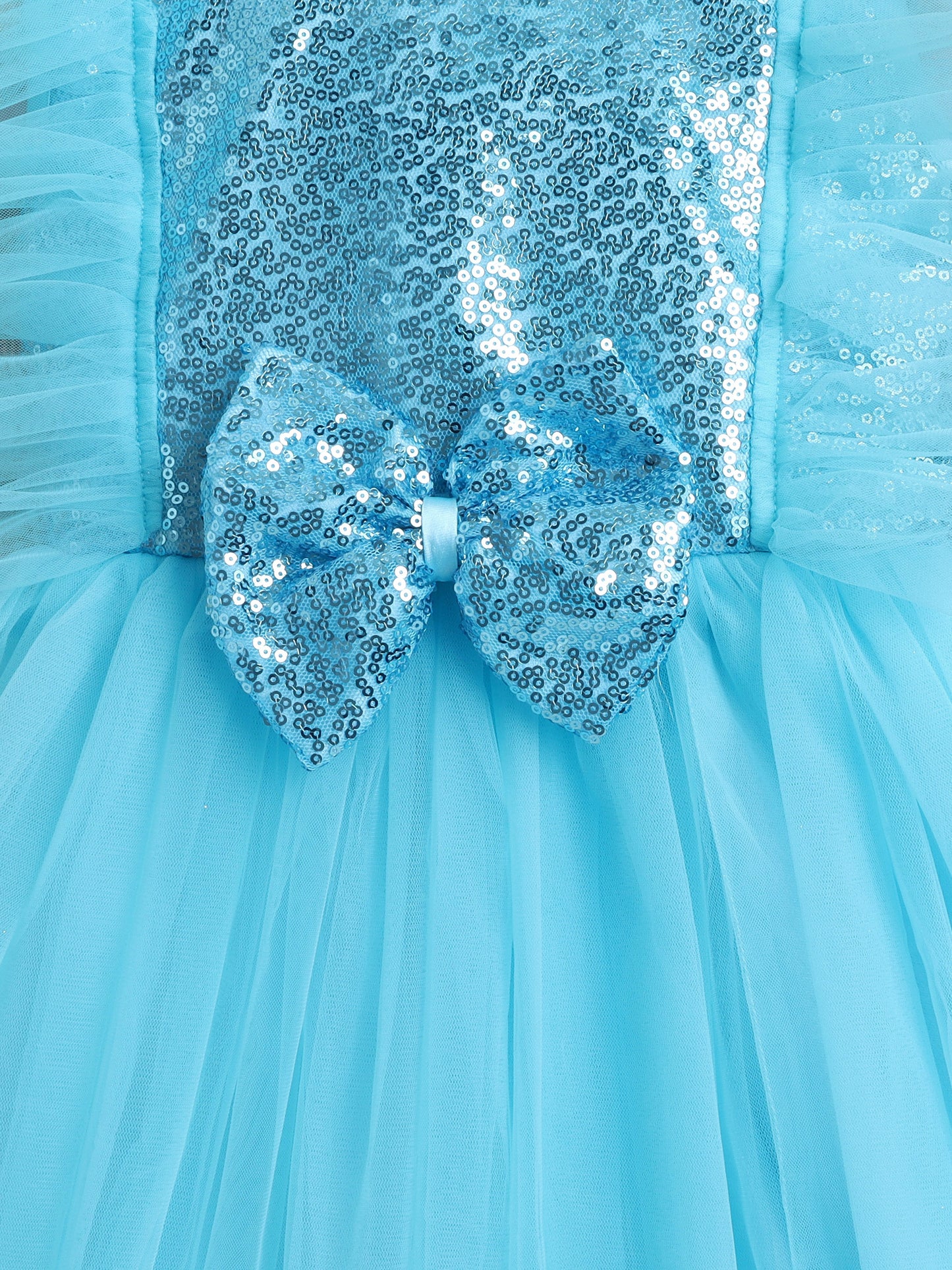 Sleeveless Sequins Bow Embelished Dress For Girls Blue