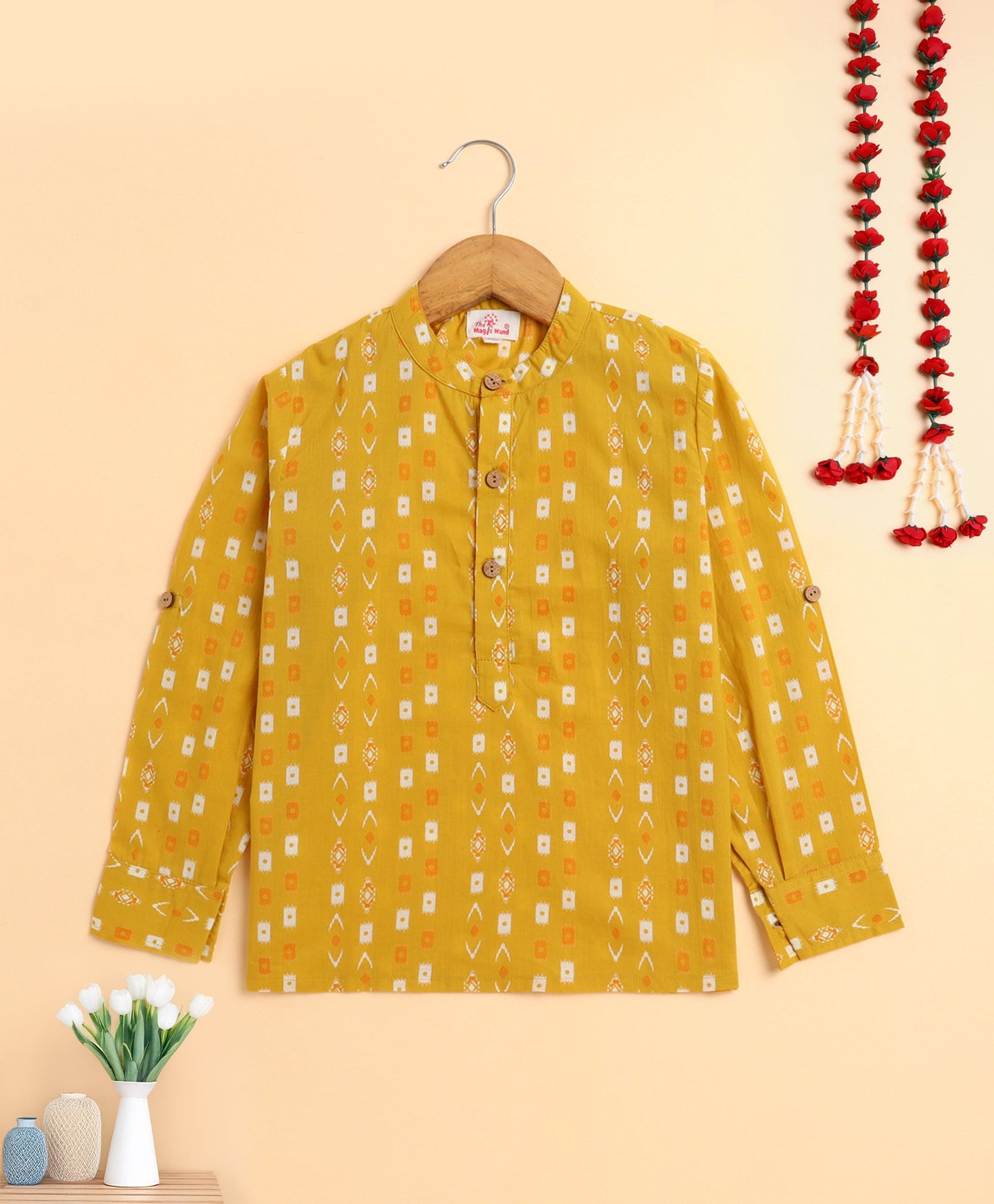 The Magic Wand Cotton Woven Motif Printed Full Sleeves Short Kurta - Yellow