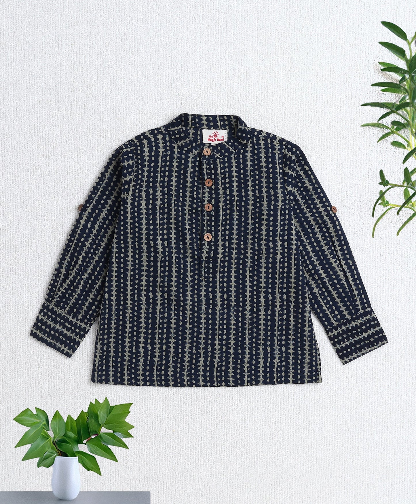The Magic Wand Cotton Woven Full Sleeves Stripe Printed Short Kurta- Teal Blue