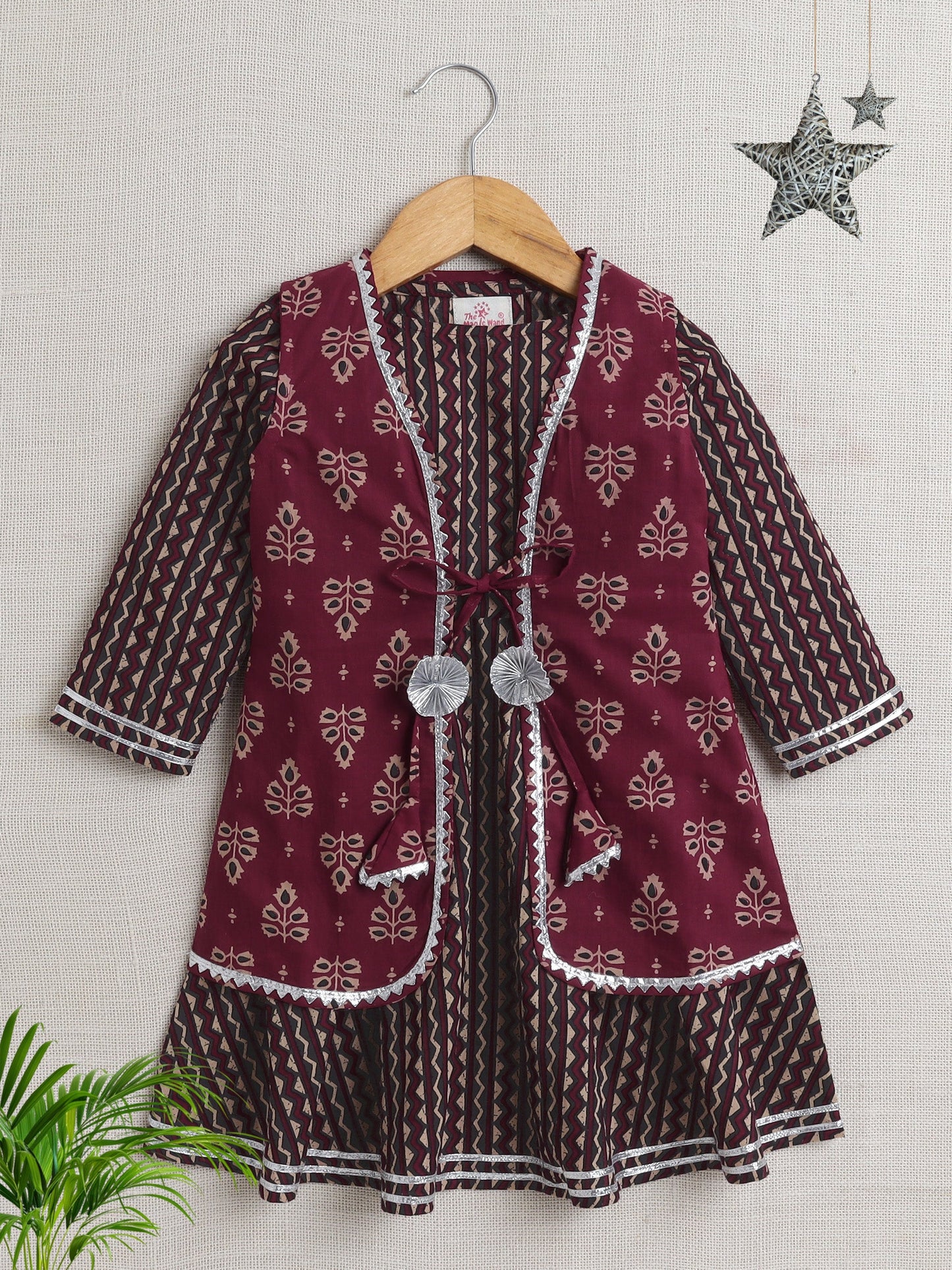 The Magic Wand 3/4Th Sleeves Stripe Dress With Jacket-Maroon