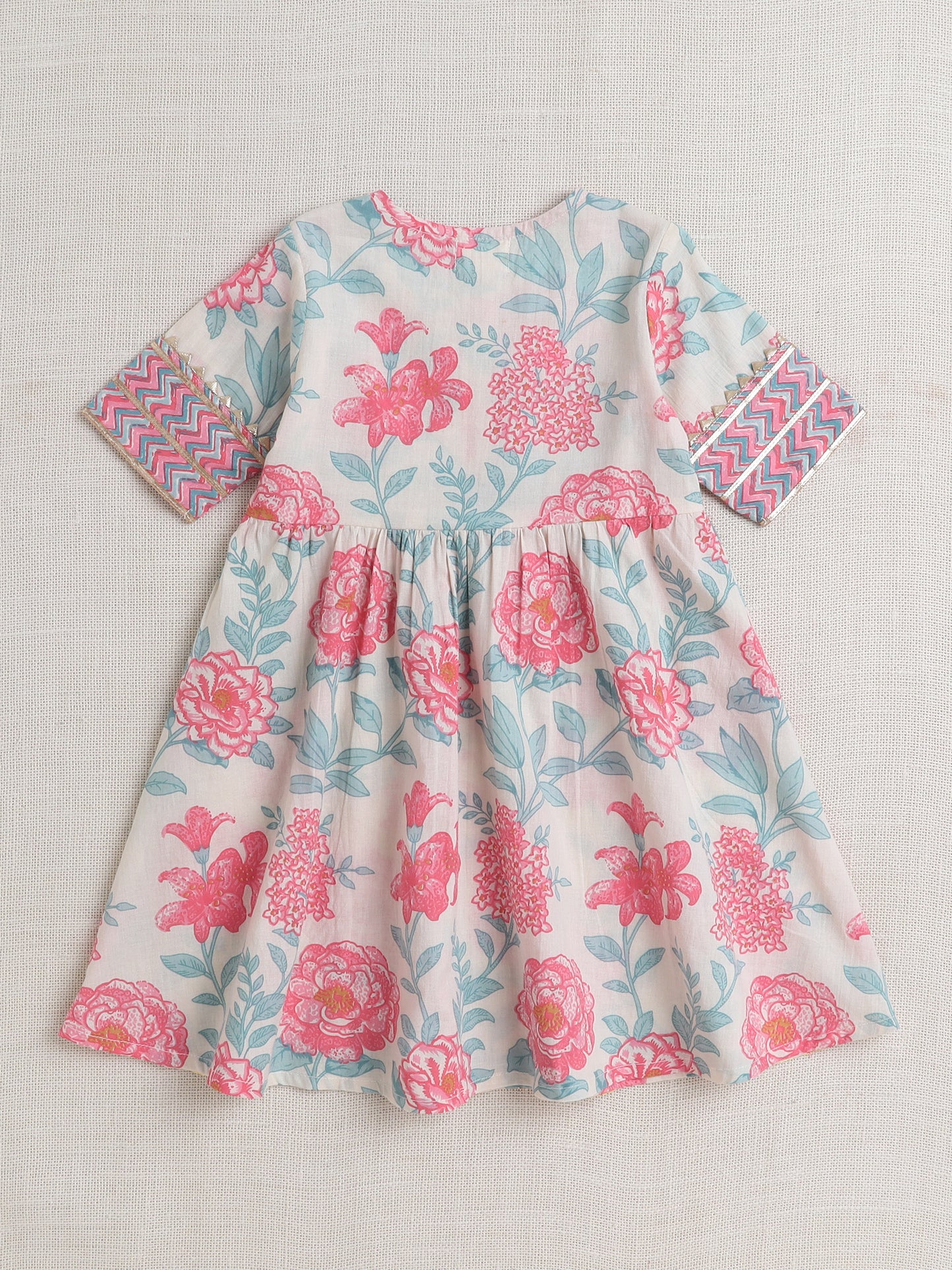 Short Sleeves Floral print Ethnic Dress- Off White
