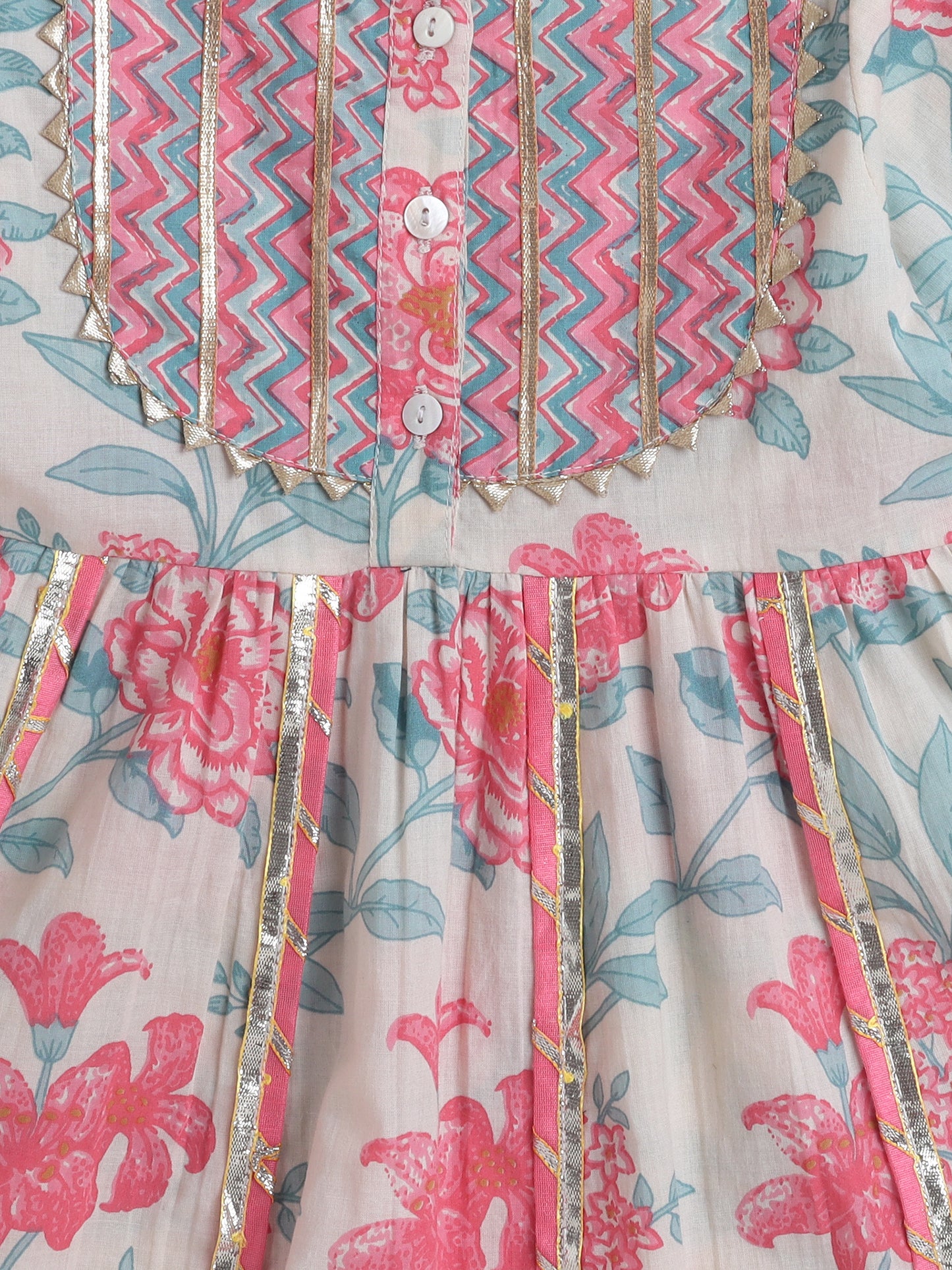 Short Sleeves Floral print Ethnic Dress- Off White