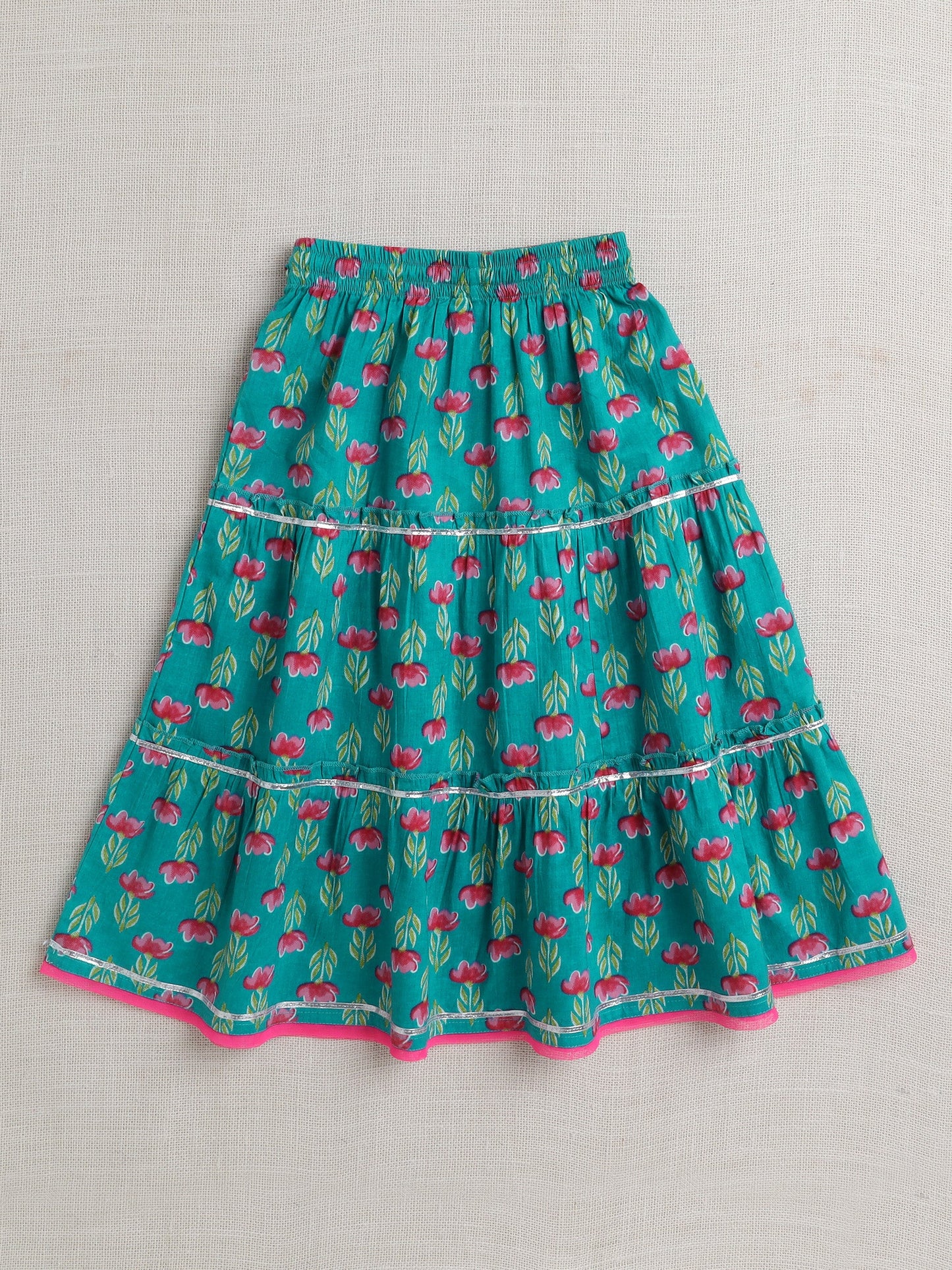 Cotton Sleeveless Floral Printed & Lace Embellished Lehenga Choli With Dupatta Set - Blue