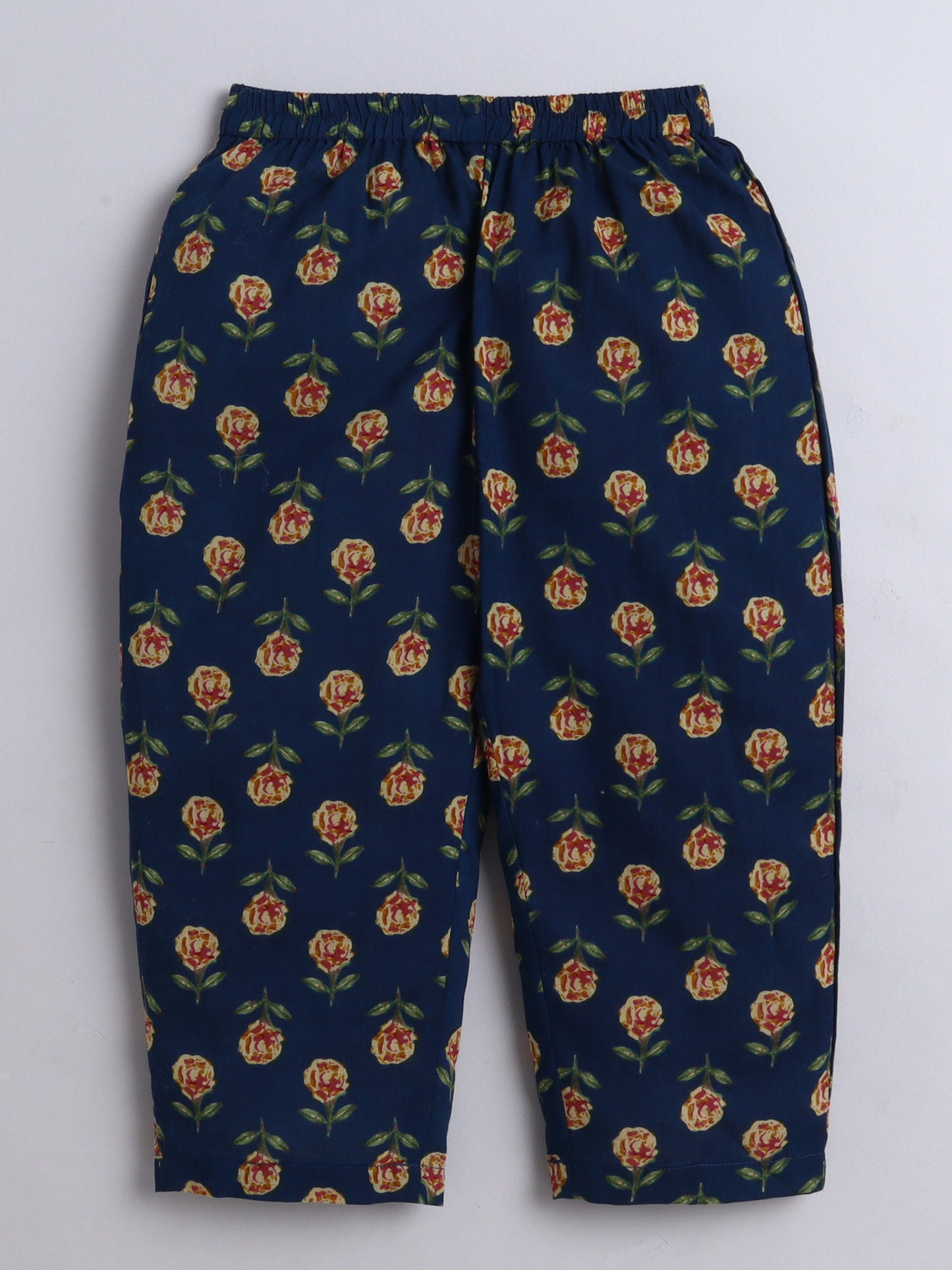 The Magic Wand Cotton Floral Printed 3/4th Sleeves Top & Pant Lounge Wear Set -Navy Blue