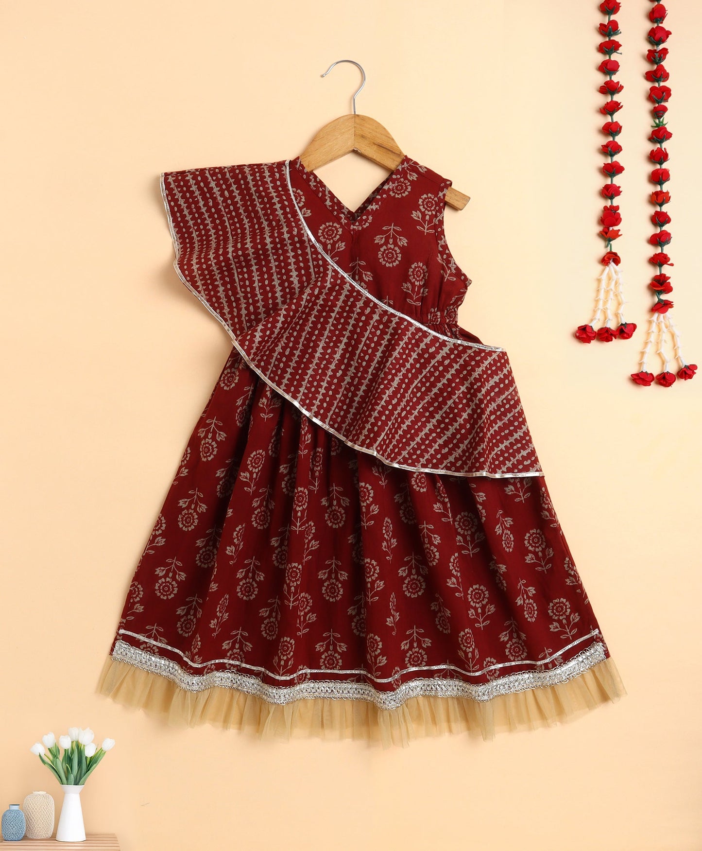 The Magic Wand Cotton Floral Printed Sleeveless Lace Embellished Dress with Detachable Dupatta- Maroon