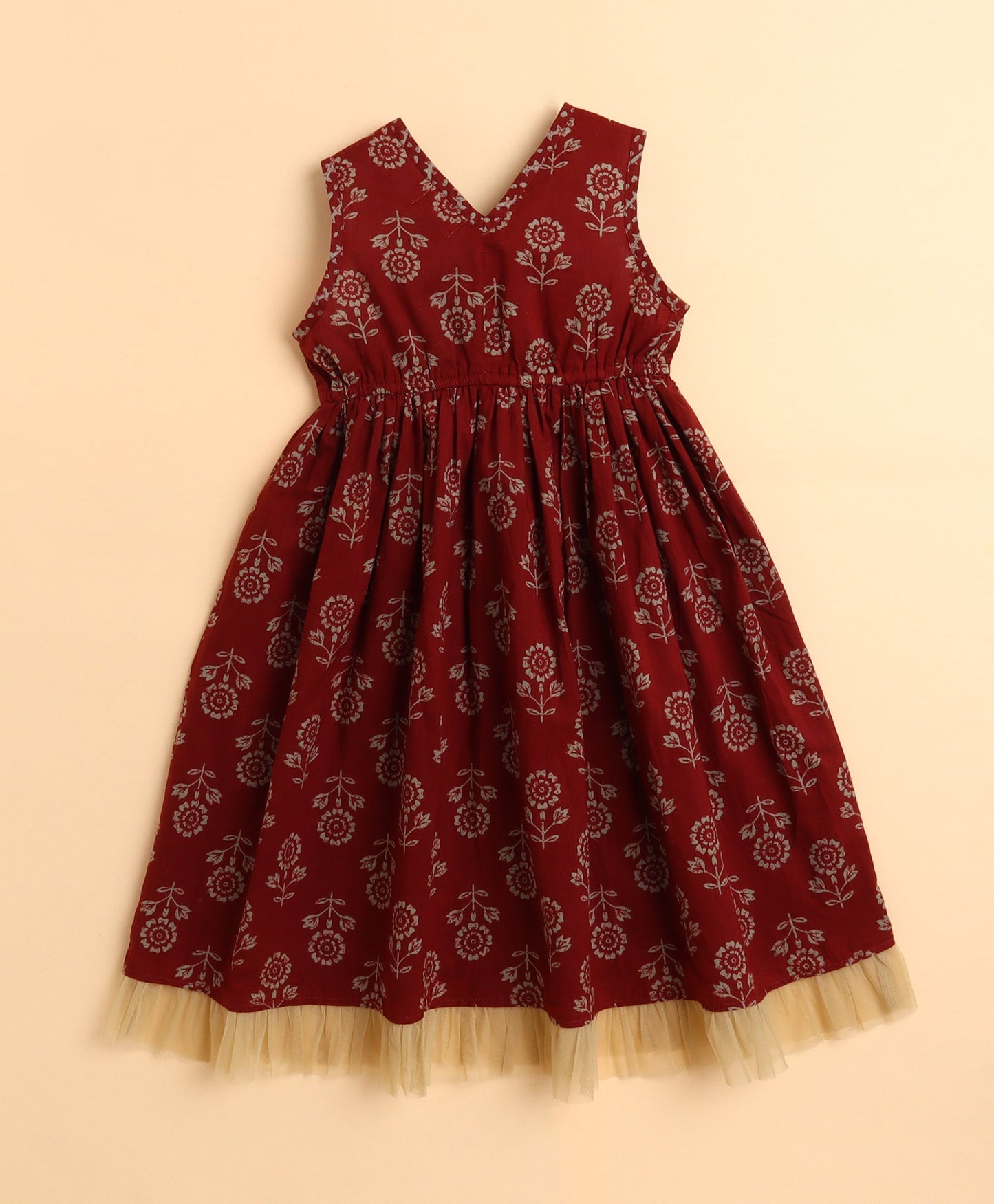 The Magic Wand Cotton Floral Printed Sleeveless Lace Embellished Dress with Detachable Dupatta- Maroon