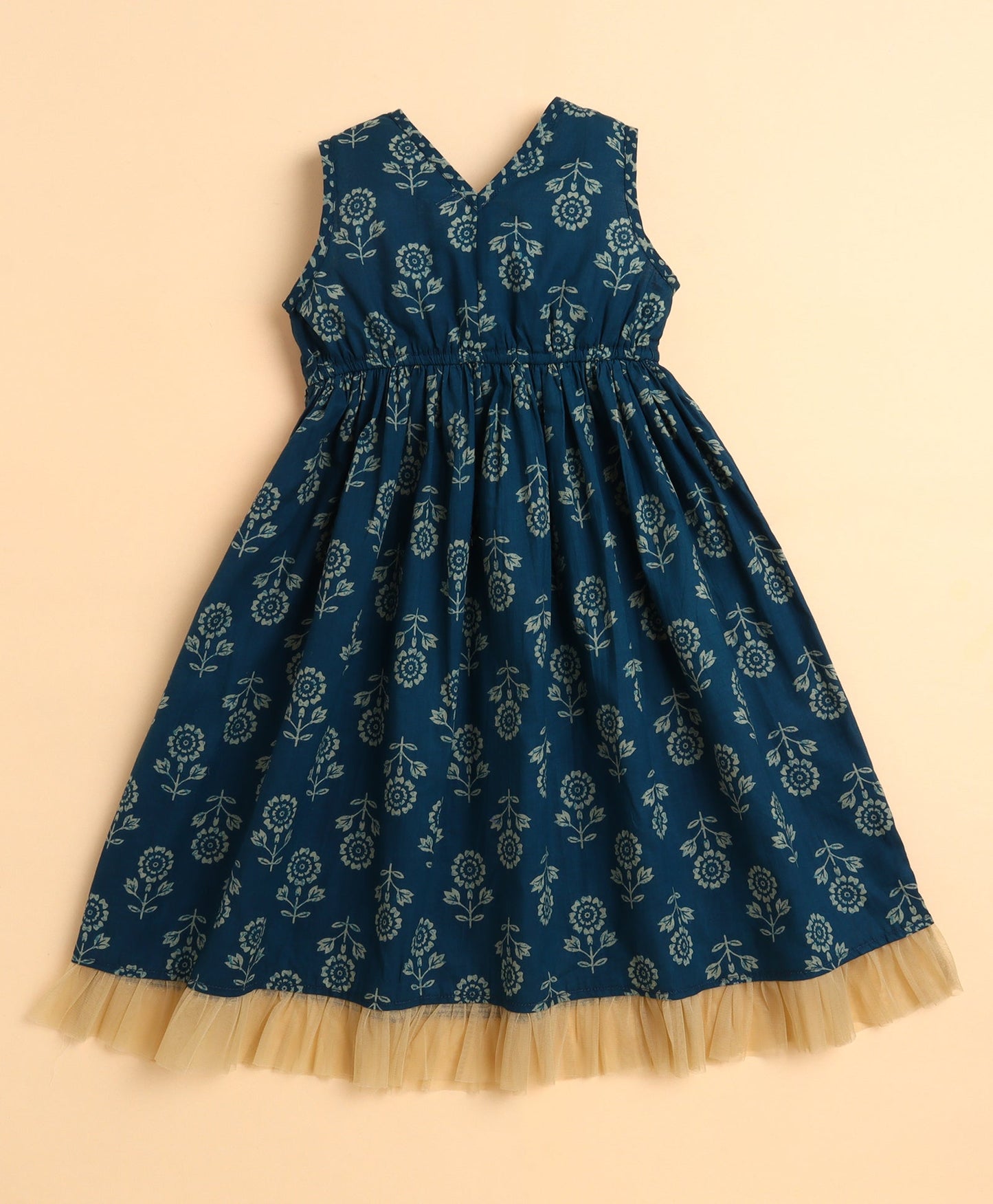 The Magic Wand Cotton Woven Floral Printed Sleeveless Lace Embellished Dress with Detachable Dupatta-Teal Blue