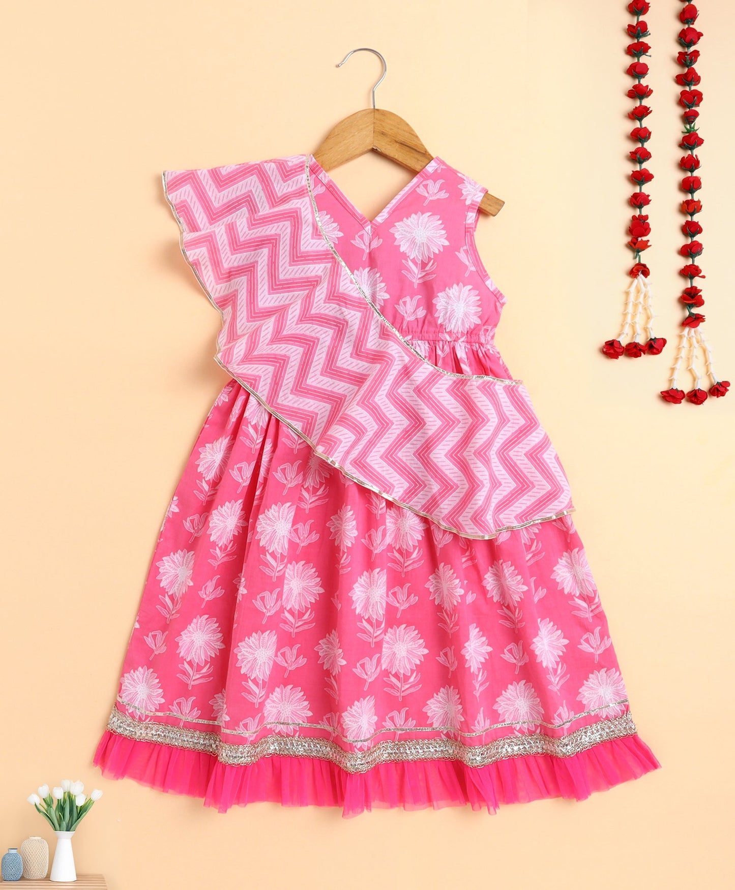 The Magic Wand Cotton Woven Floral Printed Sleeveless Lace Embellished Dress with Detachable Dupatta- Pink
