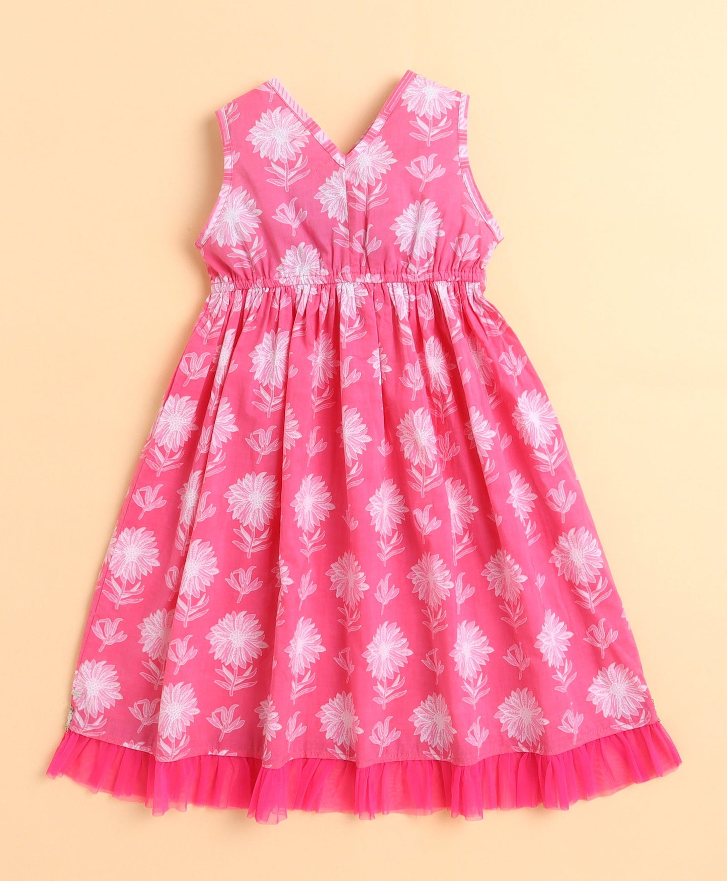 The Magic Wand Cotton Woven Floral Printed Sleeveless Lace Embellished Dress with Detachable Dupatta- Pink