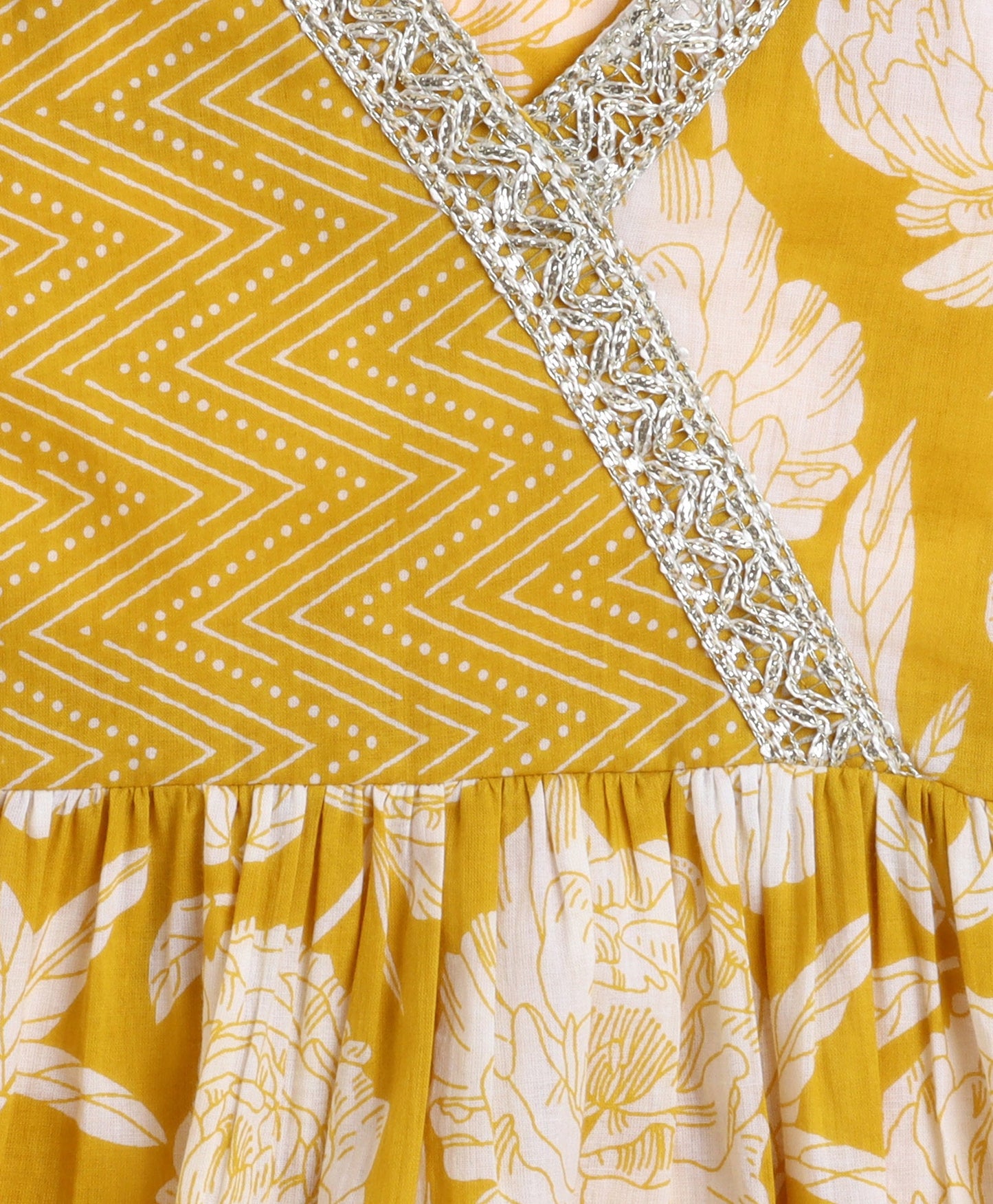 The Magic Wand Cotton Woven Floral Printed Three Fouth Sleeves Lace Embellished Kurta and Sharara With Dupatta Set - Yellow