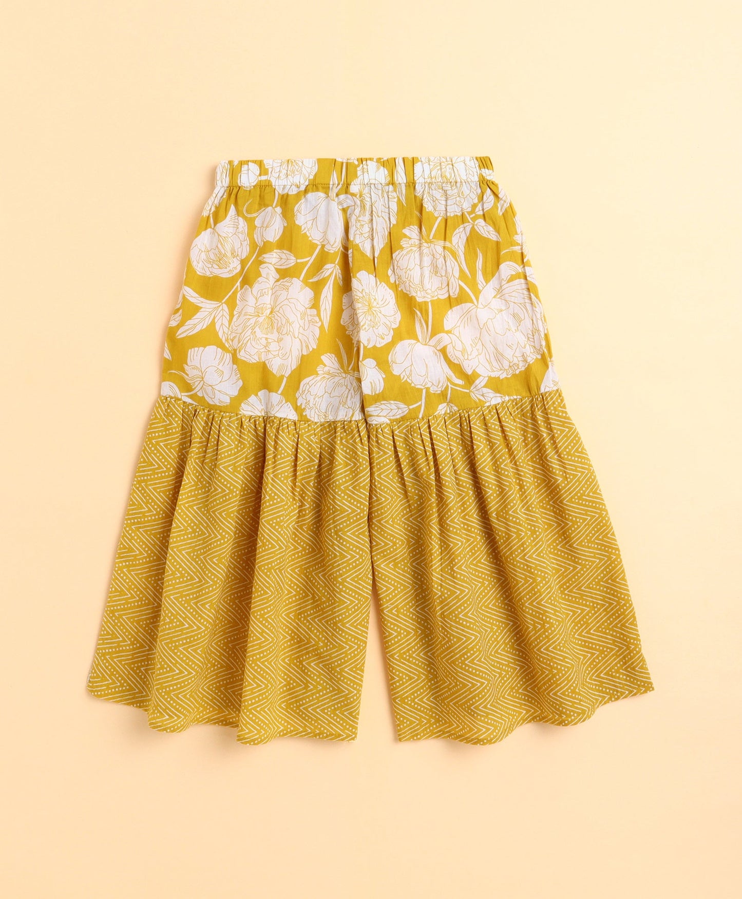 The Magic Wand Cotton Woven Floral Printed Three Fouth Sleeves Lace Embellished Kurta and Sharara With Dupatta Set - Yellow