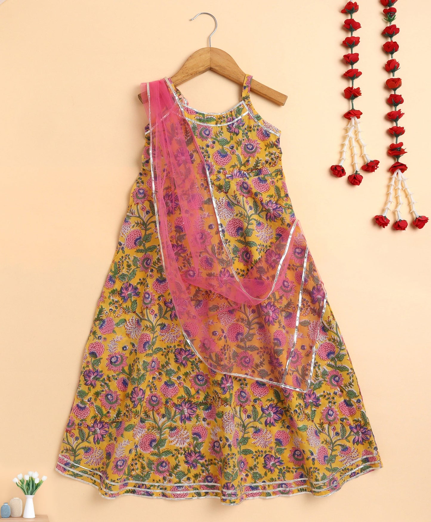 The Magic Wand Cotton woven Cambric Hand Block Printed Spagetti Long Dress with Dupatta- Yellow