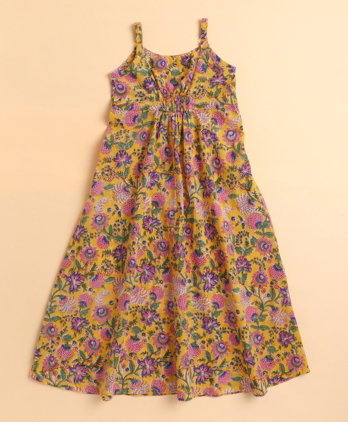 The Magic Wand Cotton woven Cambric Hand Block Printed Spagetti Long Dress with Dupatta- Yellow