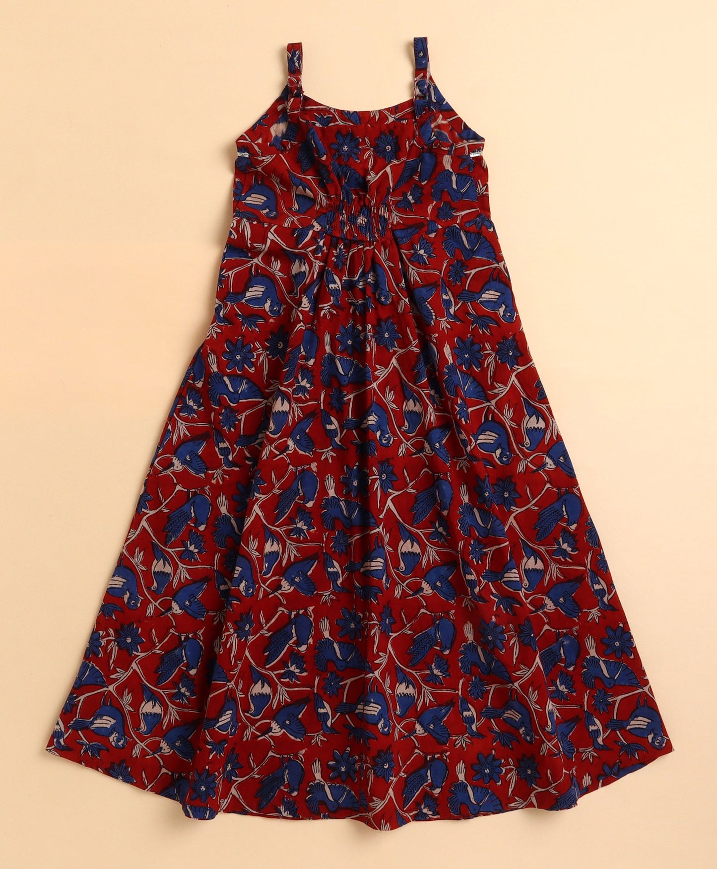 The Magic Wand Cotton woven Cambric Hand Block Printed Spagetti Long Dress with Dupatta- Maroon
