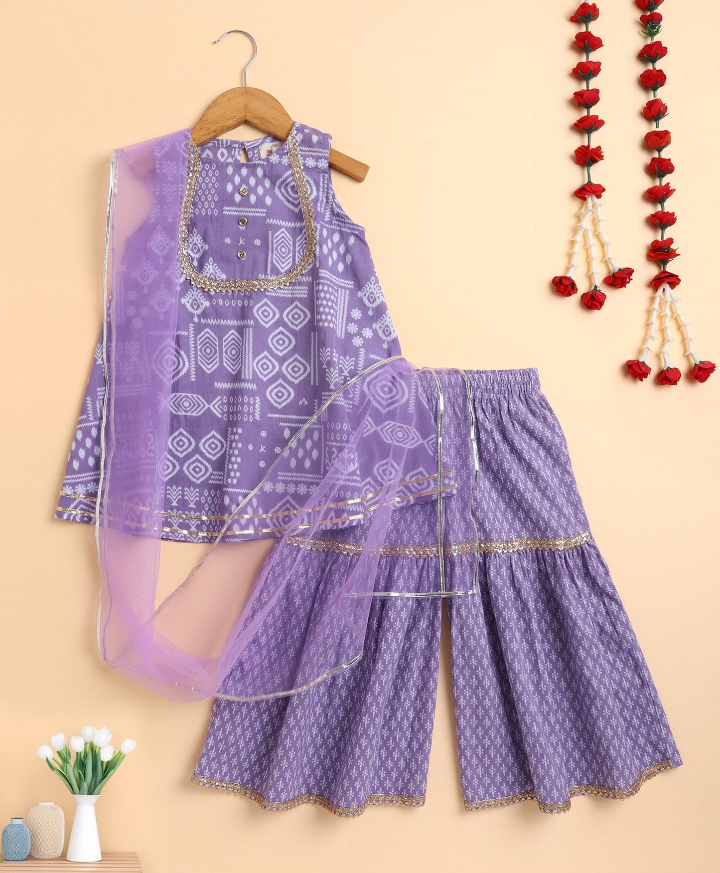 The Magic Wand Cambric Printed Aline Sleeveless Kurta Sharara Dupatta Set - Purple