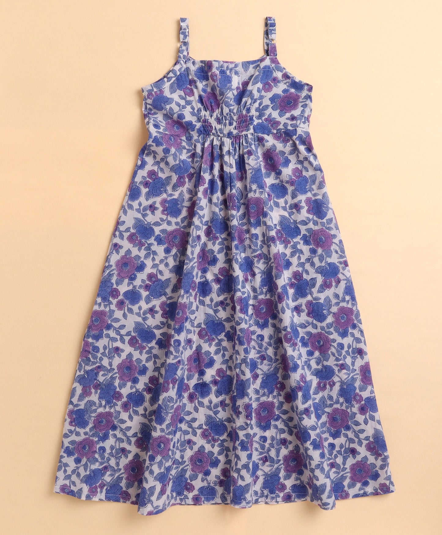 The Magic Wand Cotton woven Cambric Hand Block Printed Spagetti Long Dress with Dupatta- Blue