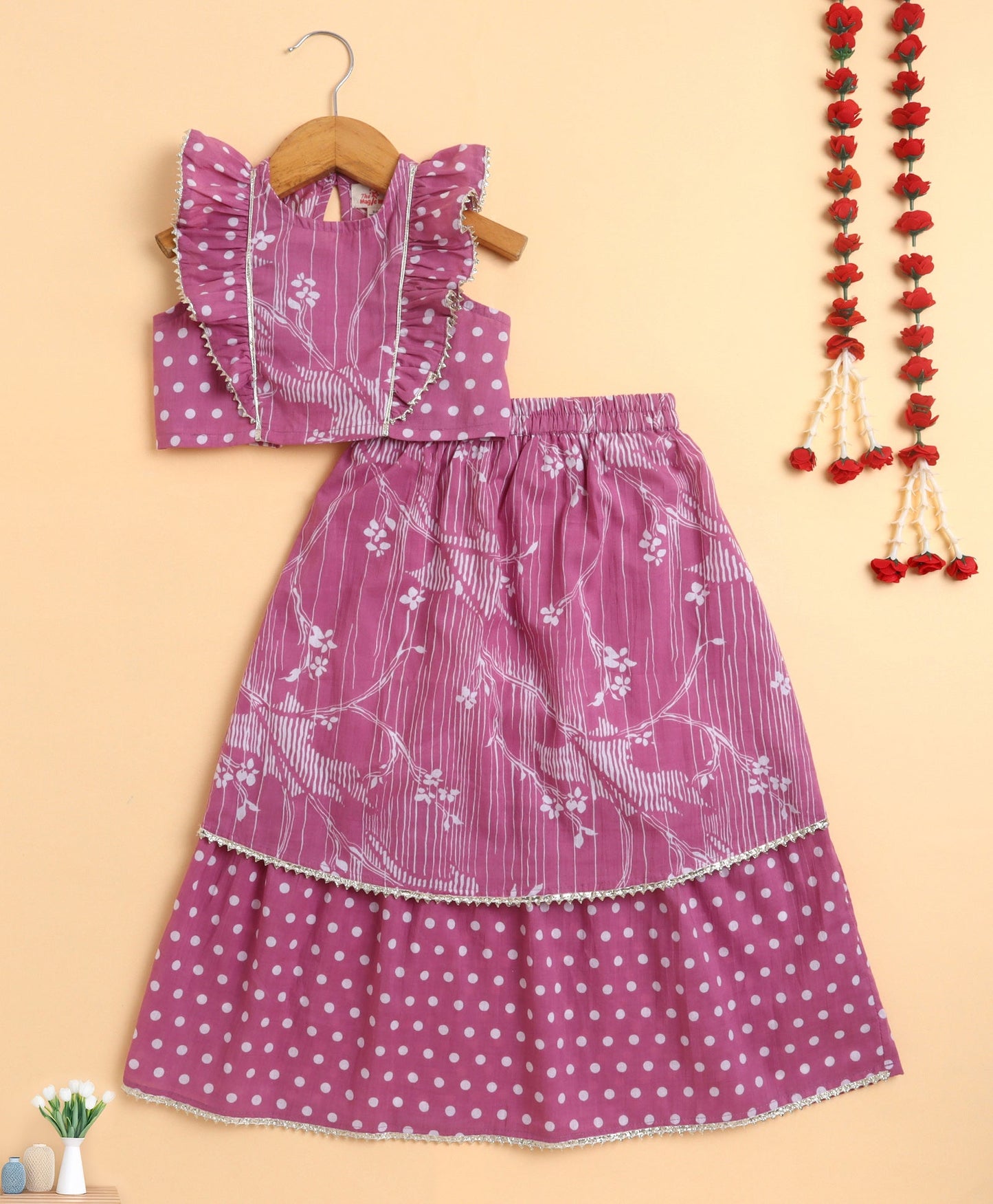 The Magic Wand Cambric Cotton Frill Sleeves Floral Printed Top and Double Layered Long Skirt Set - Pink