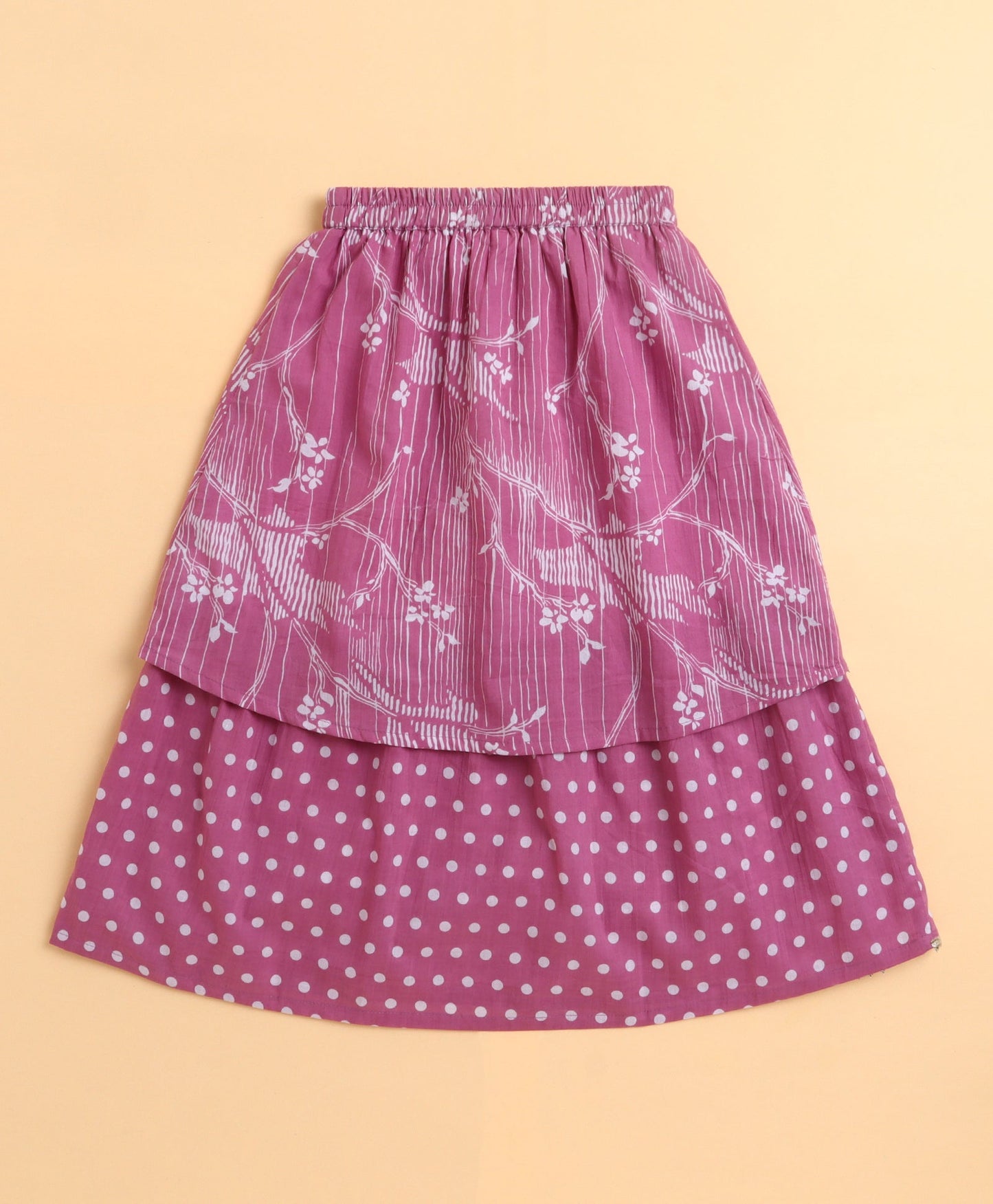 The Magic Wand Cambric Cotton Frill Sleeves Floral Printed Top and Double Layered Long Skirt Set - Pink