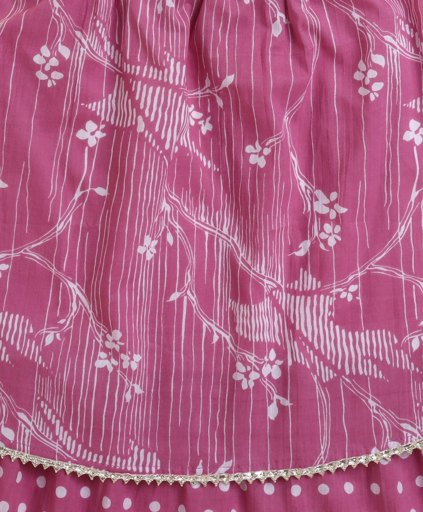 The Magic Wand Cambric Cotton Frill Sleeves Floral Printed Top and Double Layered Long Skirt Set - Pink